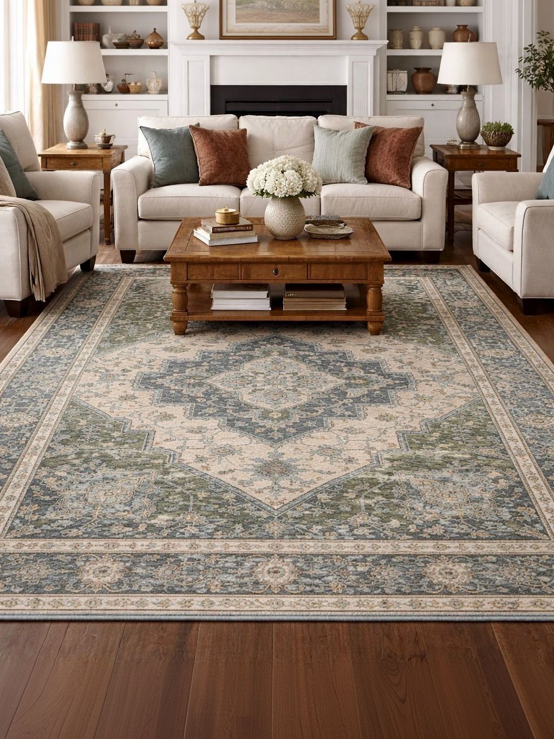 Myntra Elegant Homes Green Traditional Anti-Skid Polyester Carpet-picture-53