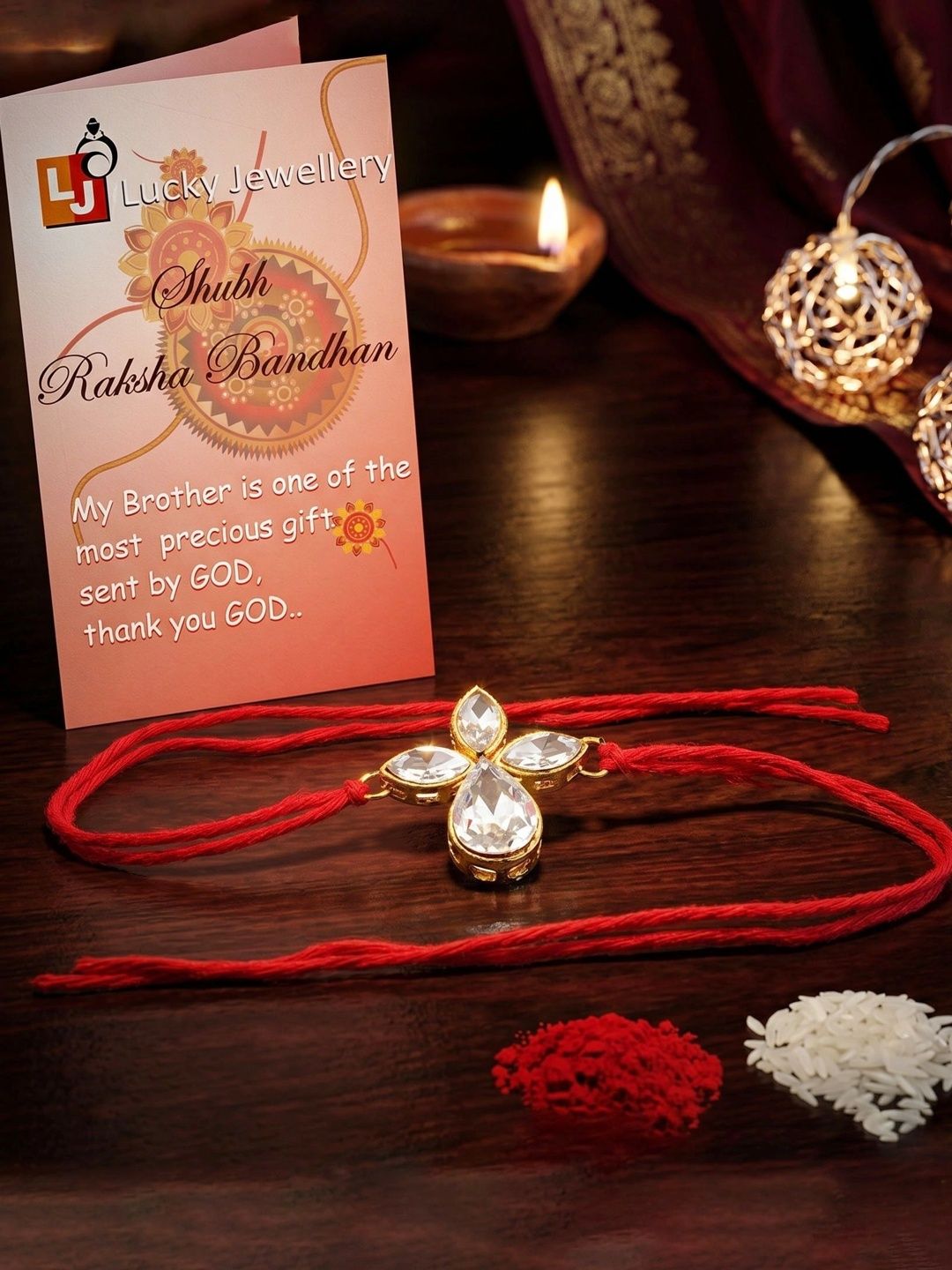 LUCKY JEWELLERY Set Of 3 Rakhi Gift Set With Roli-Chawal & Greeting Card-picture-39