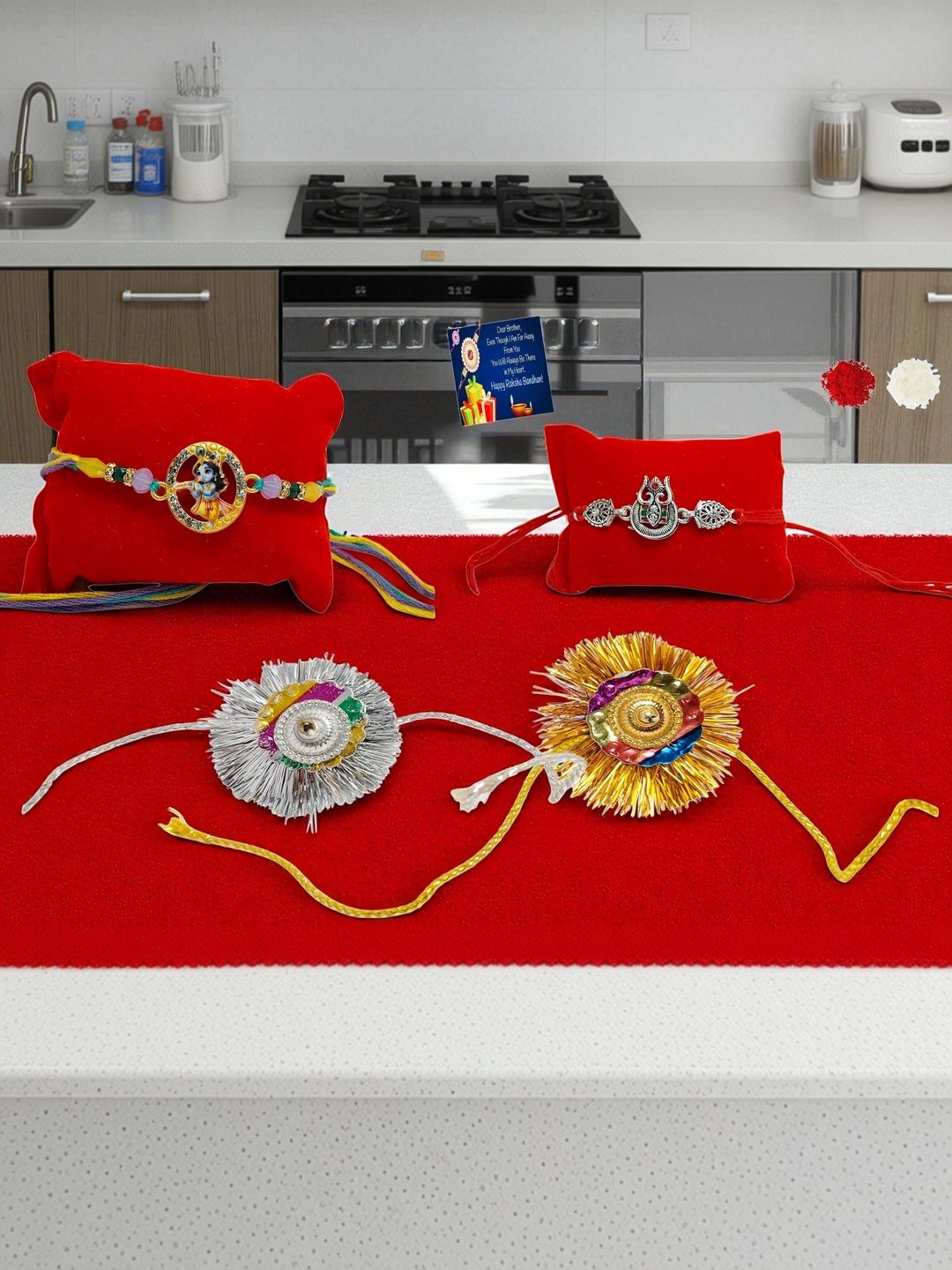 SPRHA Boys Set Of 4 Beaded Thread Rakhi With Roli Chawal And Greeting Card-image-41
