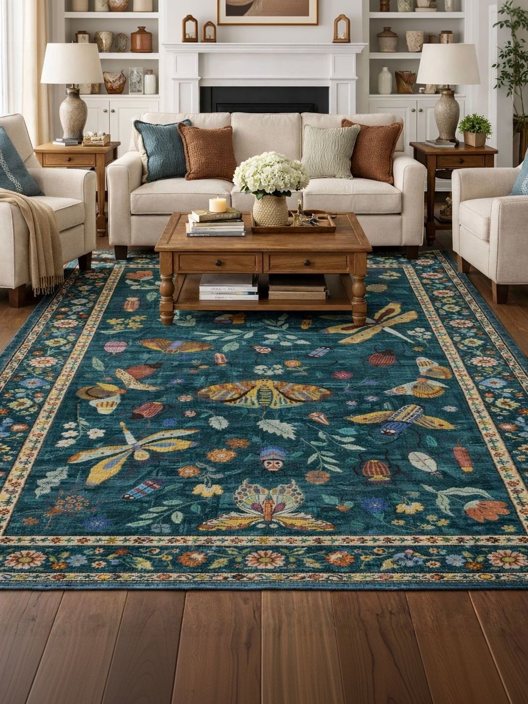Myntra Elegant Homes Teal Floral Anti-Skid Polyester Carpet-image-2