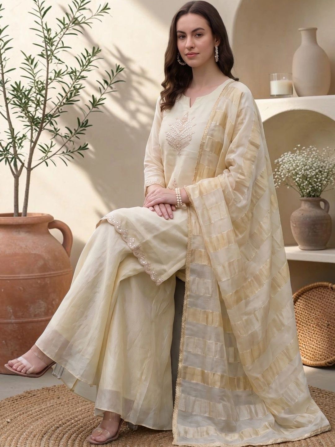Sangria Women Ethnic Motifs Embroidered Regular Sequinned Silk Chiffon Kurta with Palazzos & With Dupatta-picture-32