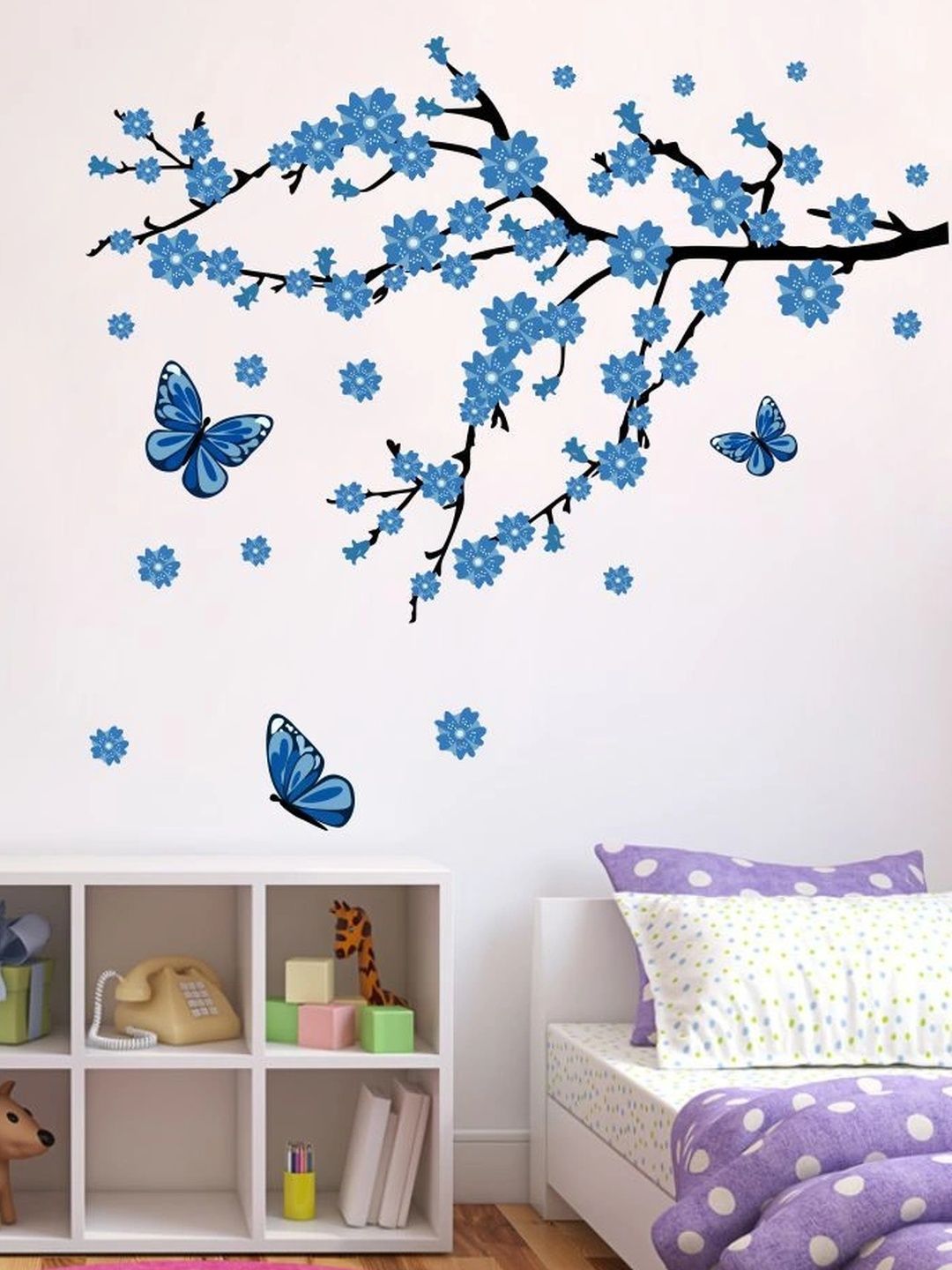 GRAPHICS DECOR Black & Blue Tree With Leaf & Butterflies Wall Sticker-image-3