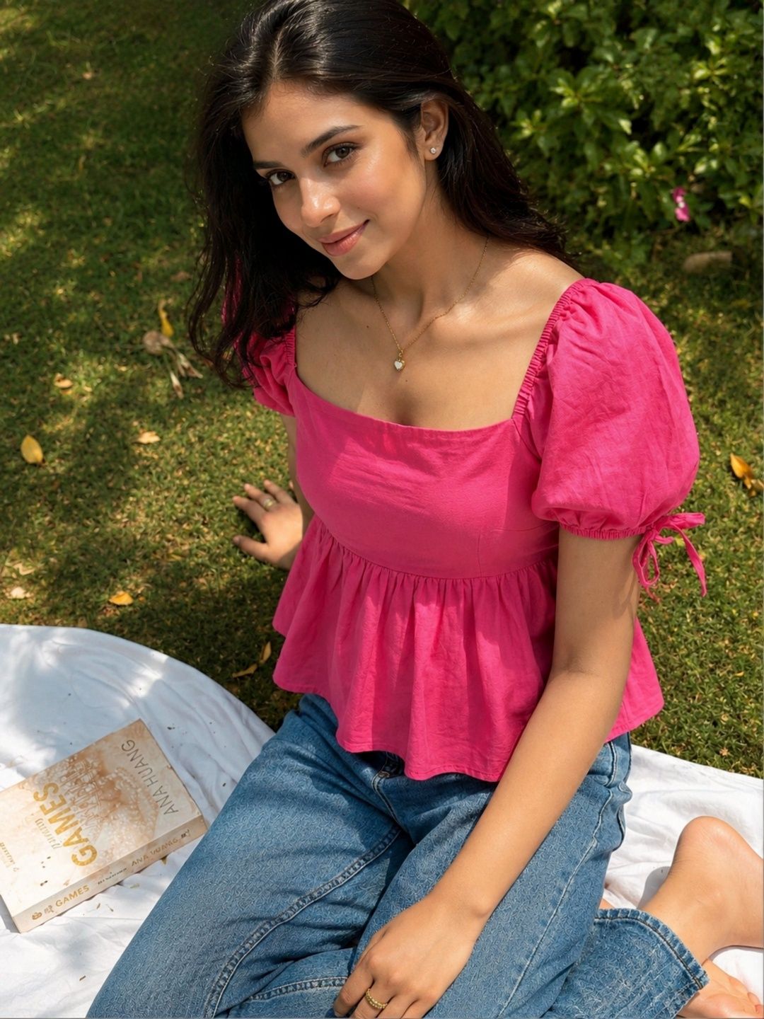 HIBIKI Puff Sleeve Cotton Blend Peplum Top-picture-0