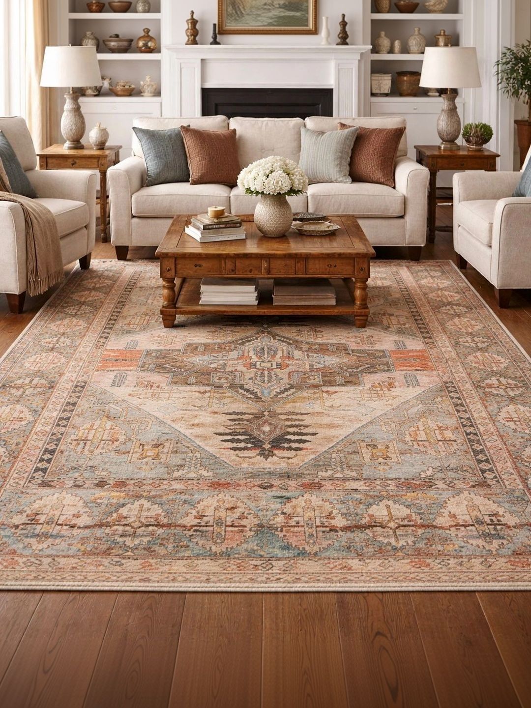 Myntra Elegant Homes Peach-Coloured Ethnic Motifs Anti-Skid Polyester Carpet-picture-37