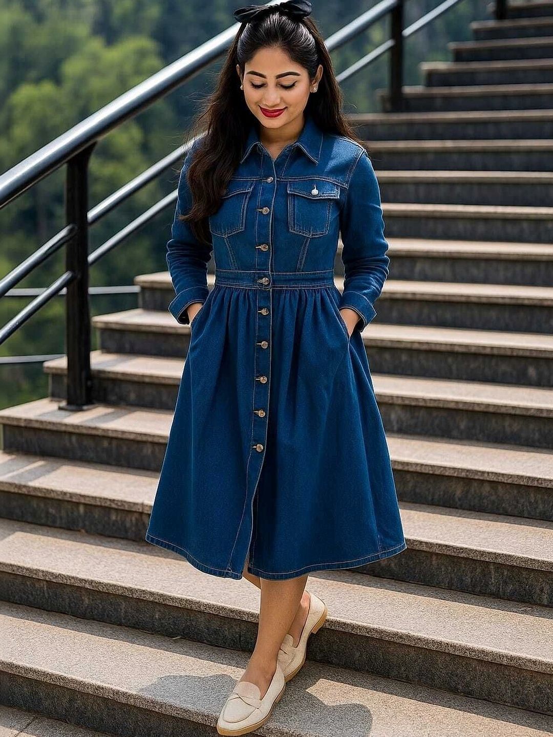 RKK COLLECTION Denim A-Line Midi Dress-image-47