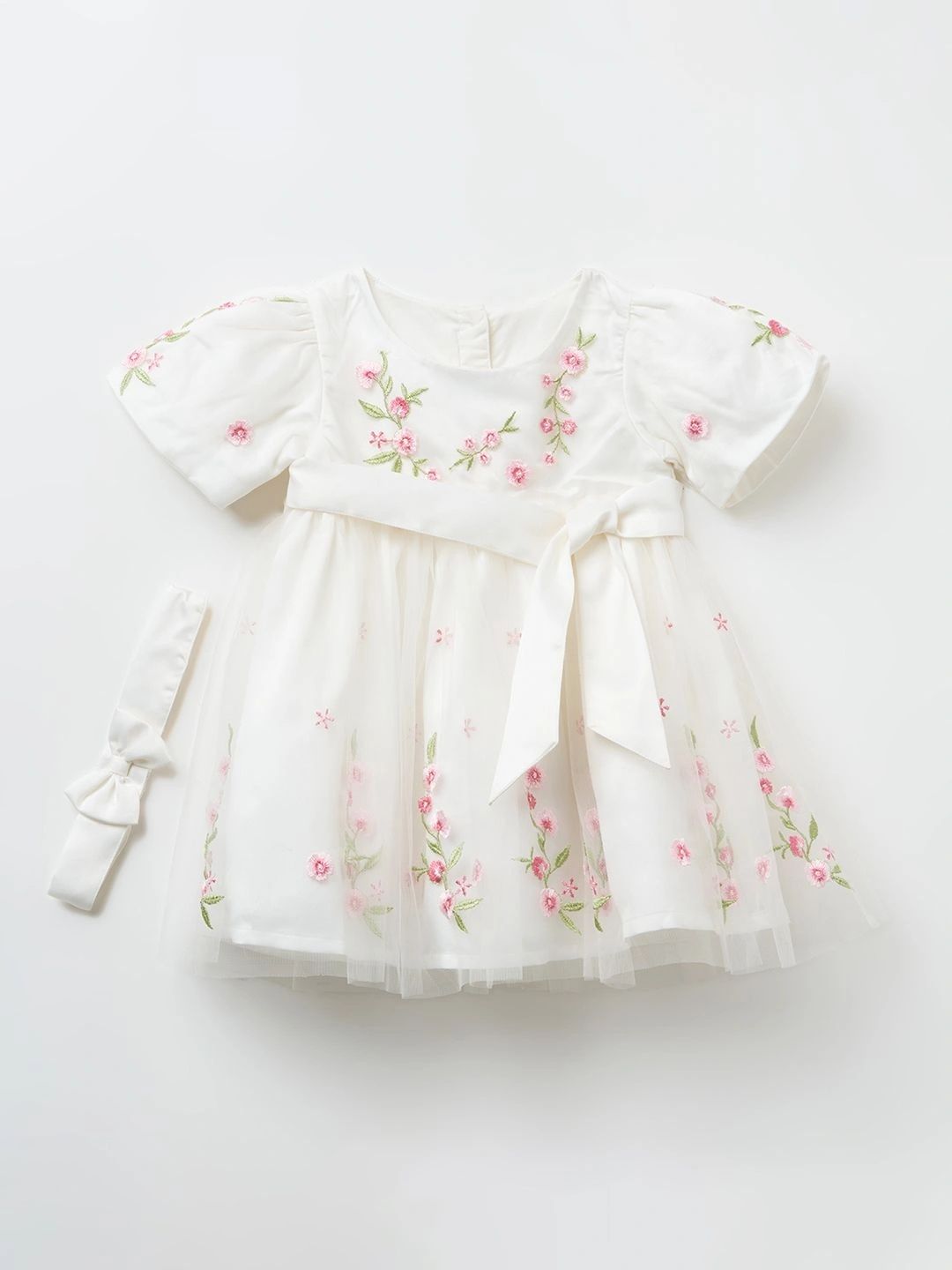 Pantaloons Baby Floral Embroidered Puff Sleeve A-Line Dress-picture-33