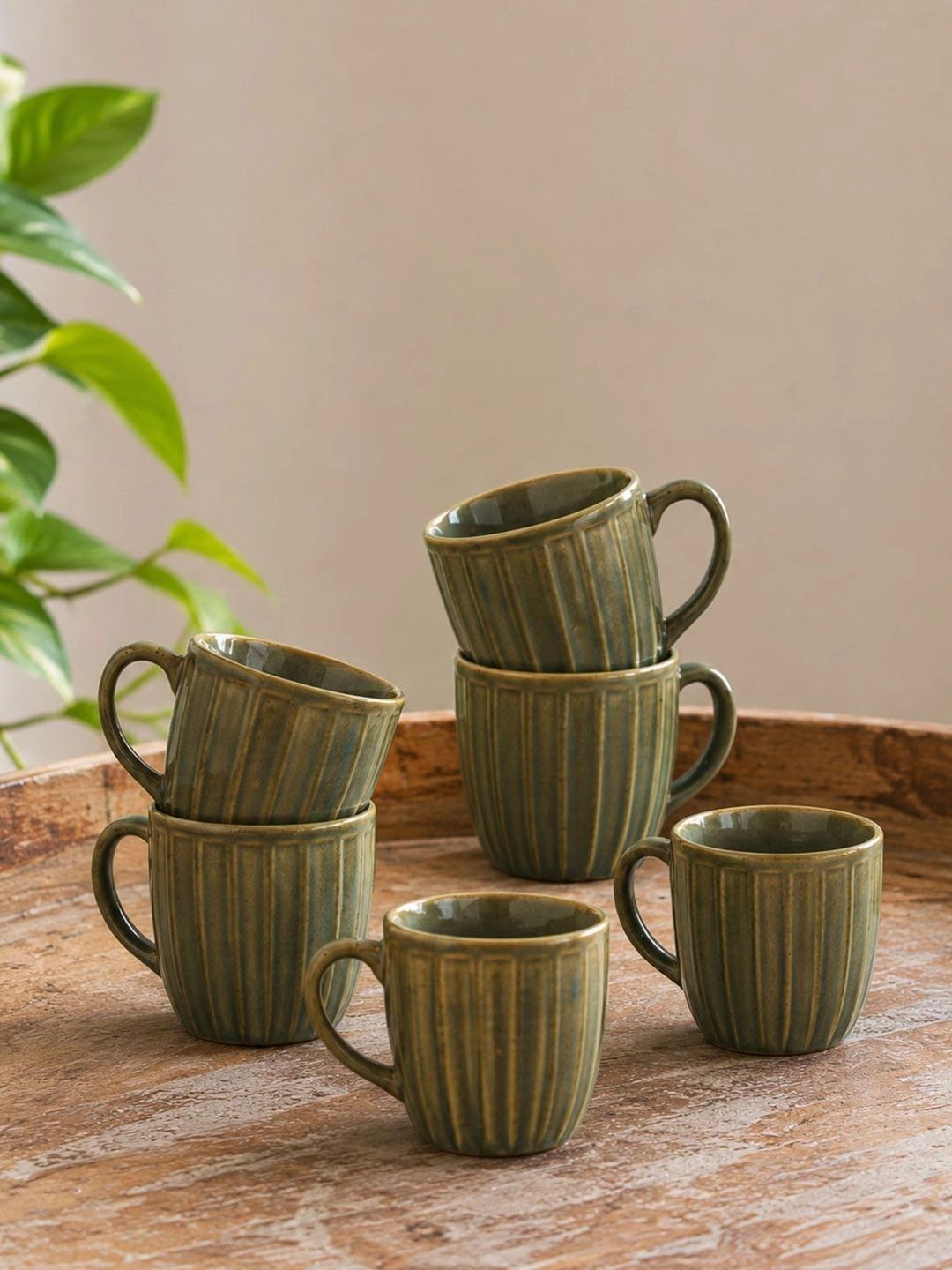ExclusiveLane Green & Beige Handcrafted Textured Ceramic Glossy Cups Set of Cups and Mugs-image-17