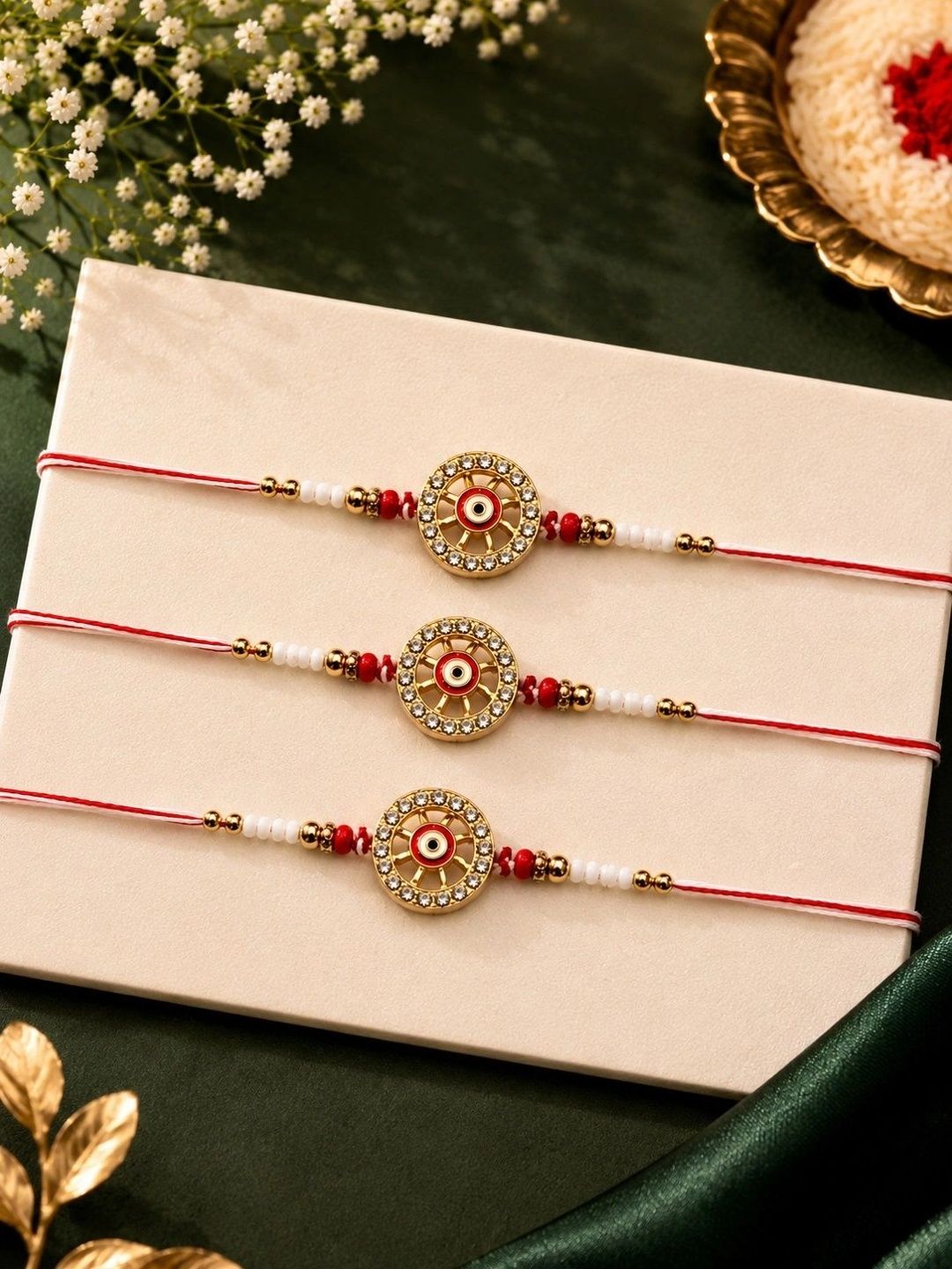 Anouk Pack Of 3 Rakhi With Greeting Card & Roli Chawal Chandan Mishri-picture-35