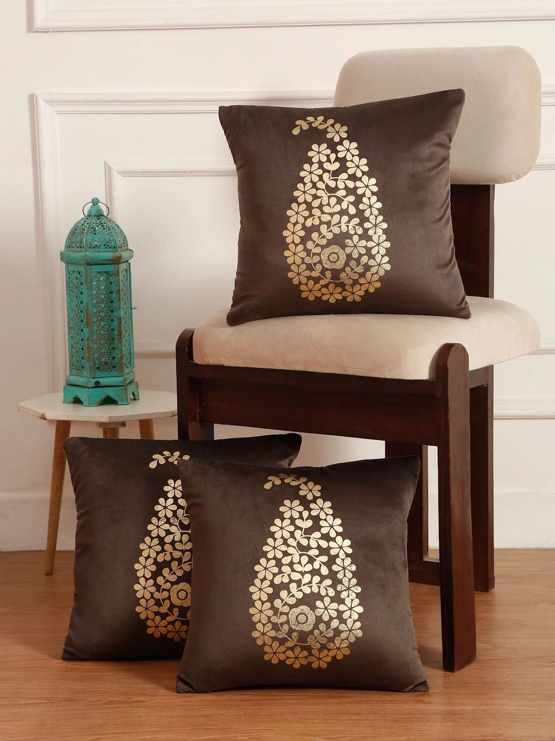Myntra Elegant Homes Brown Set of 3 Velvet Square Cushion Covers-image-22
