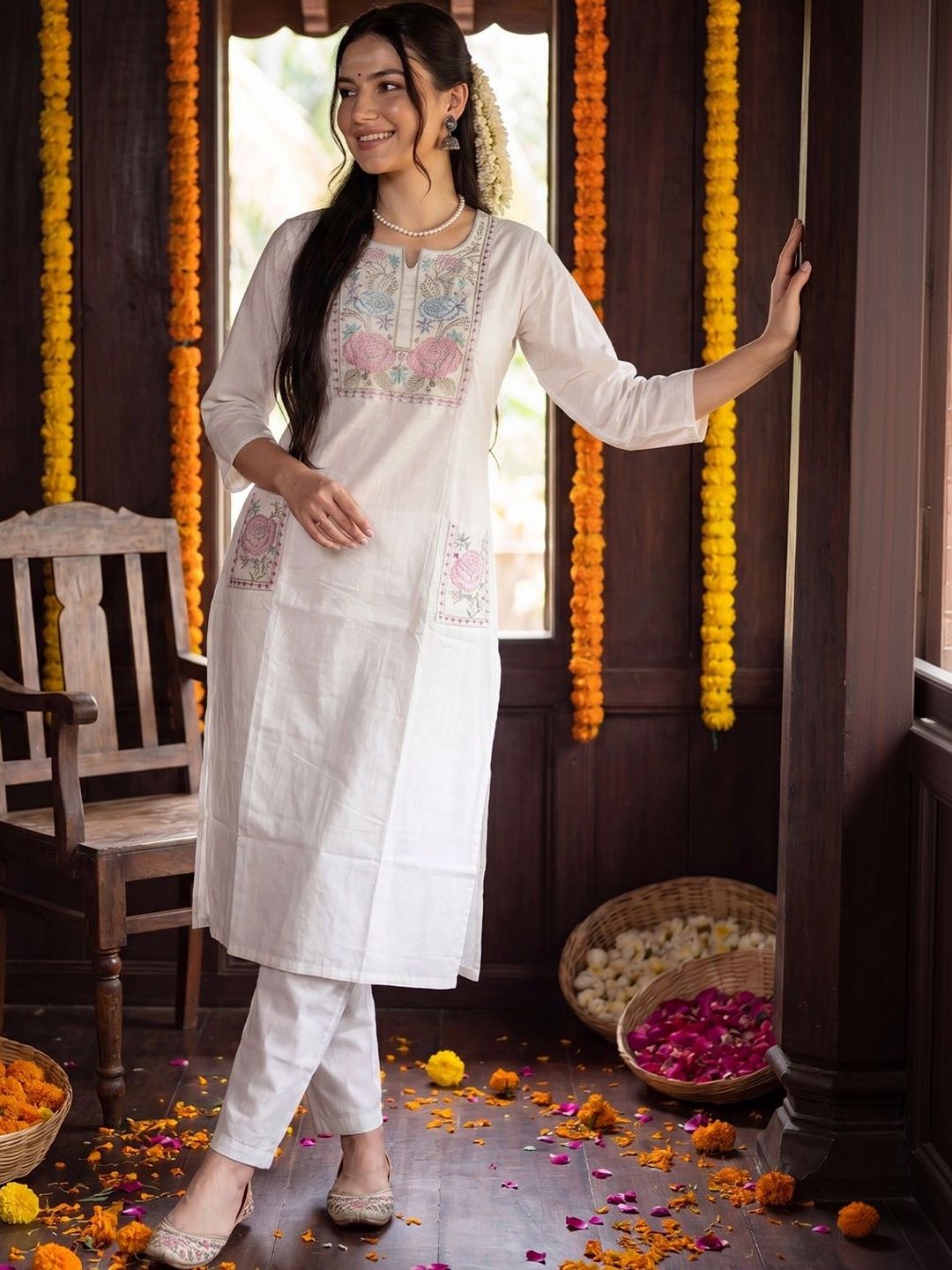 Indo Era Women Floral Embroidered Regular Thread Work Pure Cotton Kurta with Trousers-picture-39