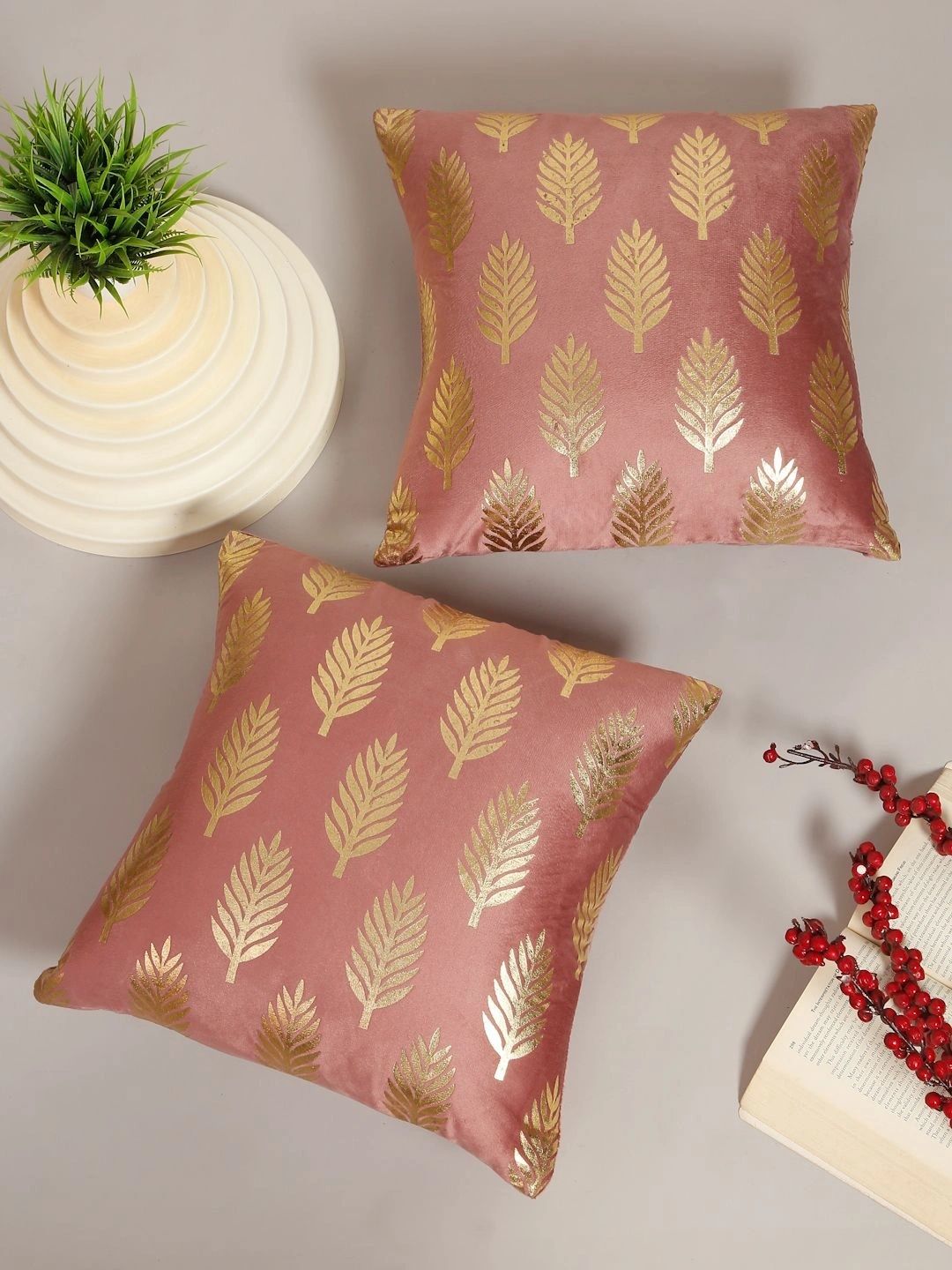 Myntra Elegant Homes Peach-Coloured Set of 2 Velvet Square Cushion Covers-picture-21