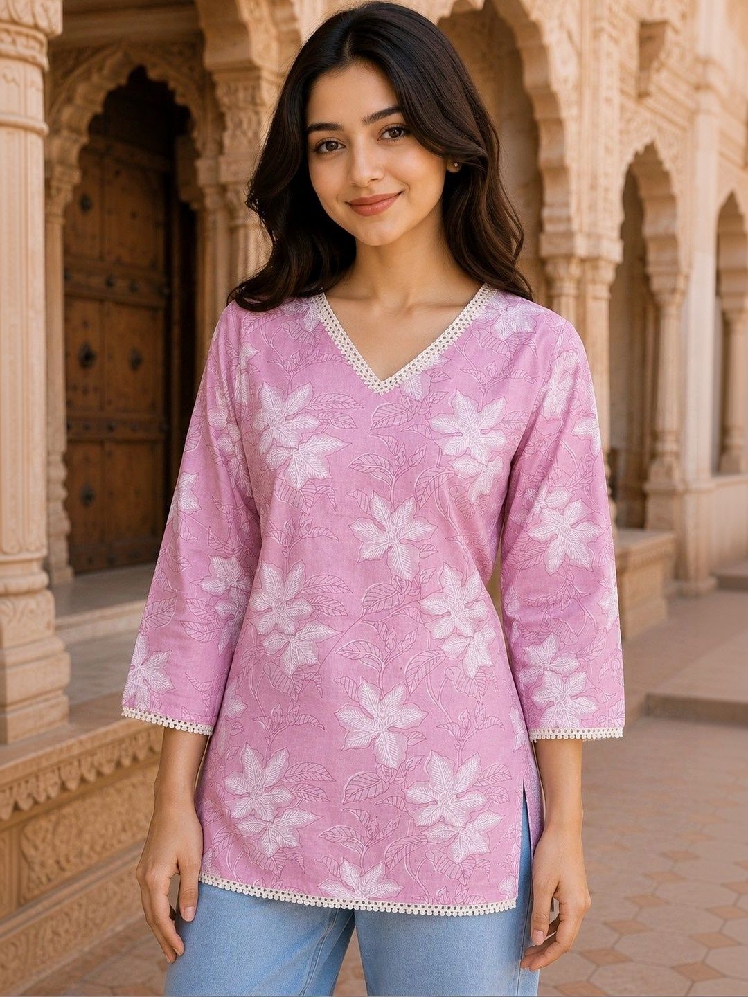 all about you Floral Printed V-Neck Pure Cotton Blend Kurti-image-16