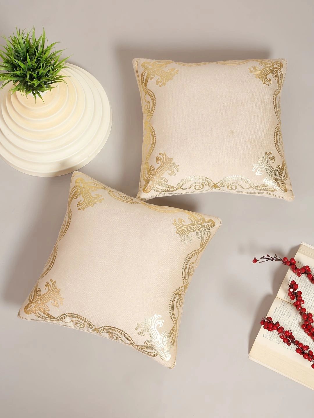 Myntra Elegant Homes Cream-Coloured Set of 2 Velvet Square Cushion Covers-picture-22