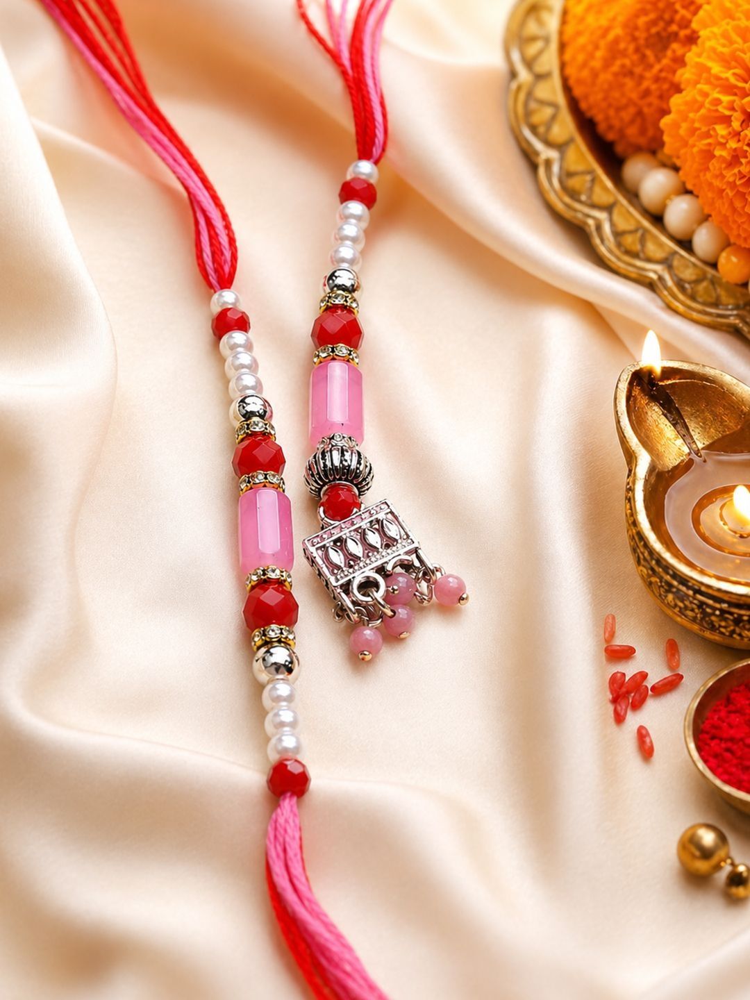 Anouk Set Of 2 Artificial Beads Jhumka Design Bhaiya Bhabhi Rakhi With Roli Chawal-picture-34