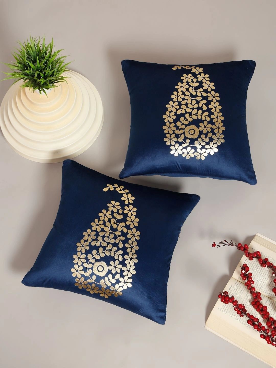 Myntra Elegant Homes Blue Set of 2 Velvet Square Cushion Covers-picture-22