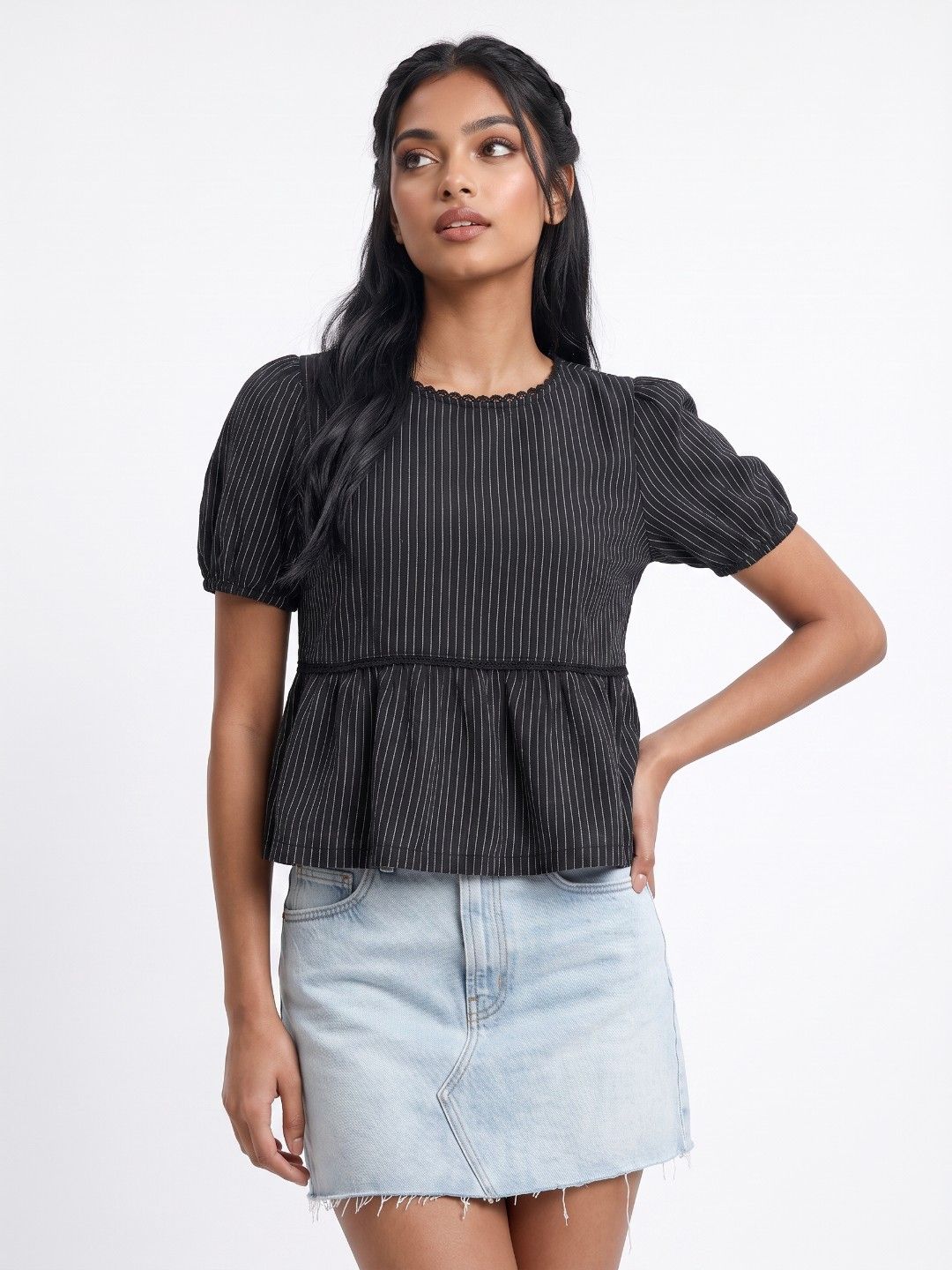 glitchez Striped Puff Sleeve Monochrome Pure Cotton Peplum Top-picture-17