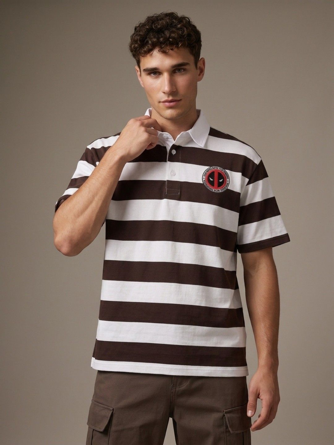 glitchez Striped Deadpool Printed Polo Collar Drop-Shoulder Sleeves Relaxed Fit T-shirt-image-15