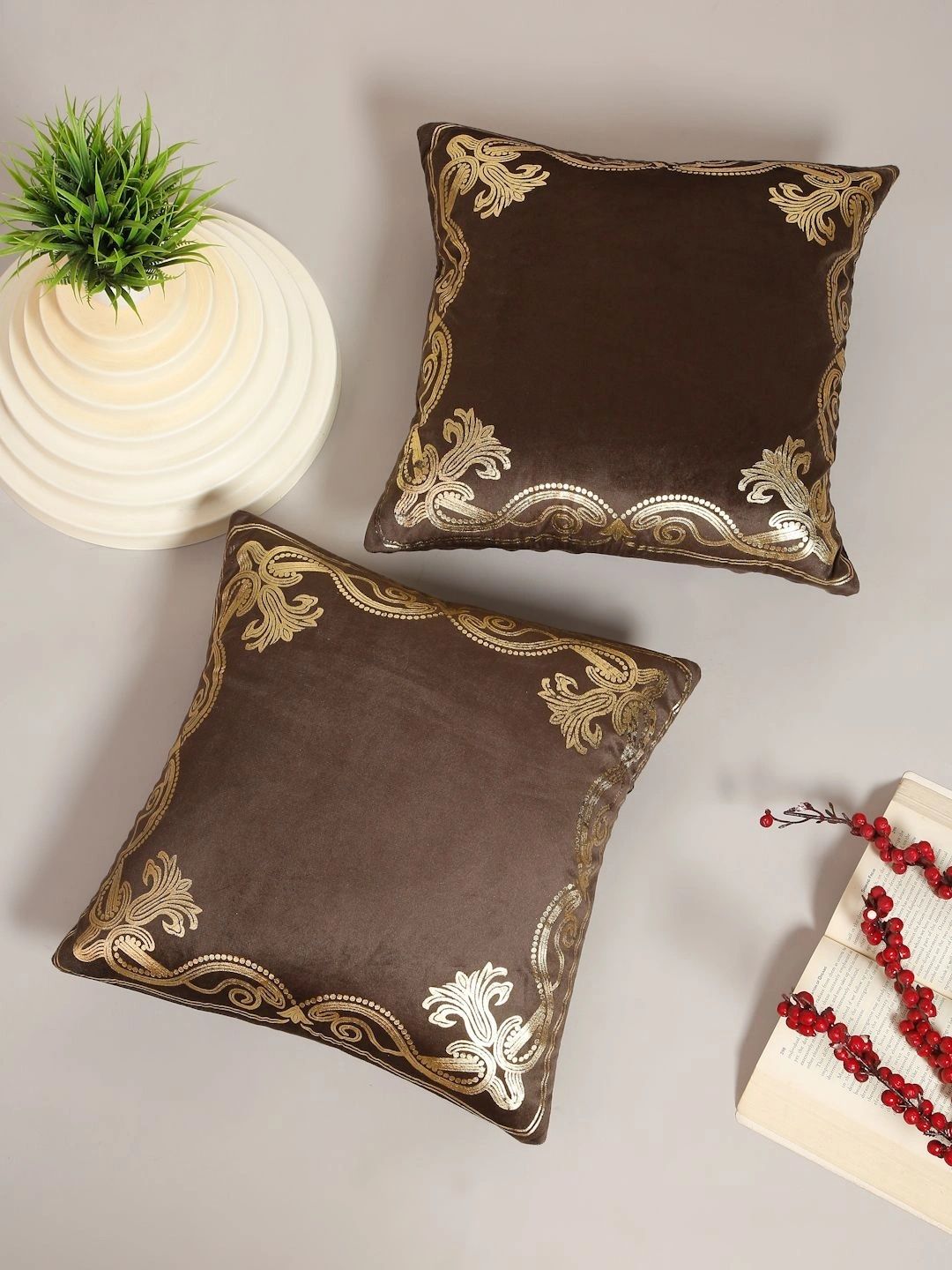 Myntra Elegant Homes Brown Set of 2 Velvet Square Cushion Covers-image-5