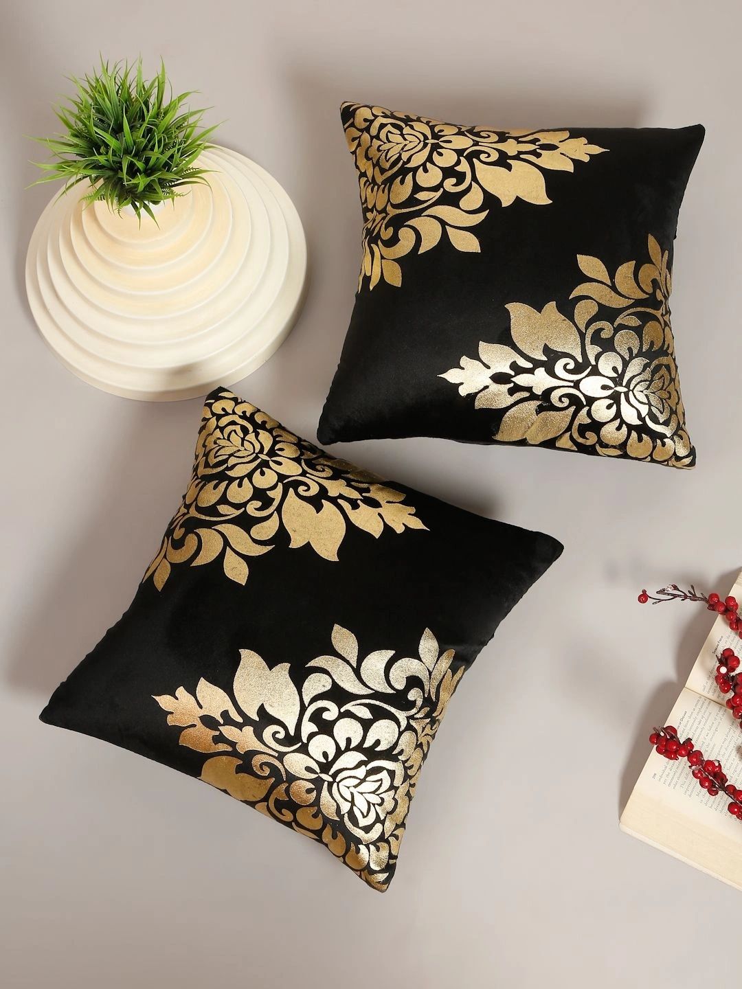 Myntra Elegant Homes Black Set of 2 Floral Velvet Square Cushion Covers-picture-47