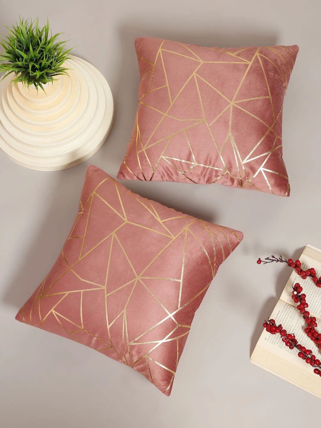 Myntra Elegant Homes Peach-Coloured Set of 2 Geometric Velvet Square Cushion Covers-picture-56