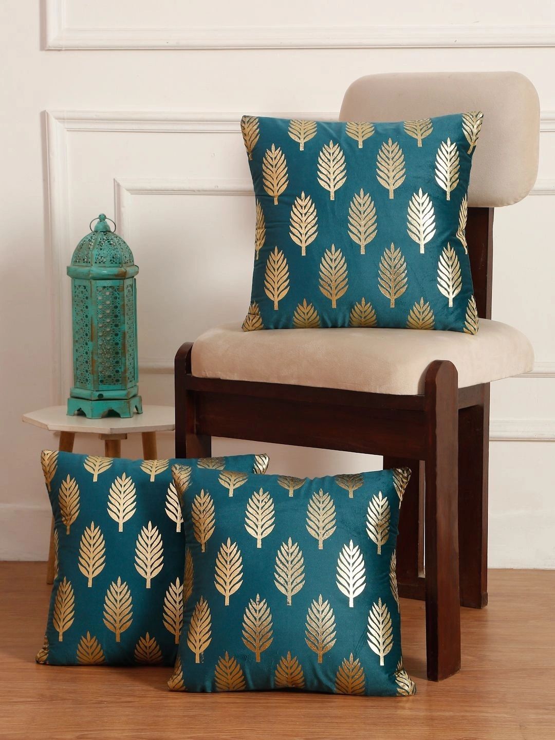 Myntra Elegant Homes Sea Green Set of 3 Velvet Square Cushion Covers-image-36