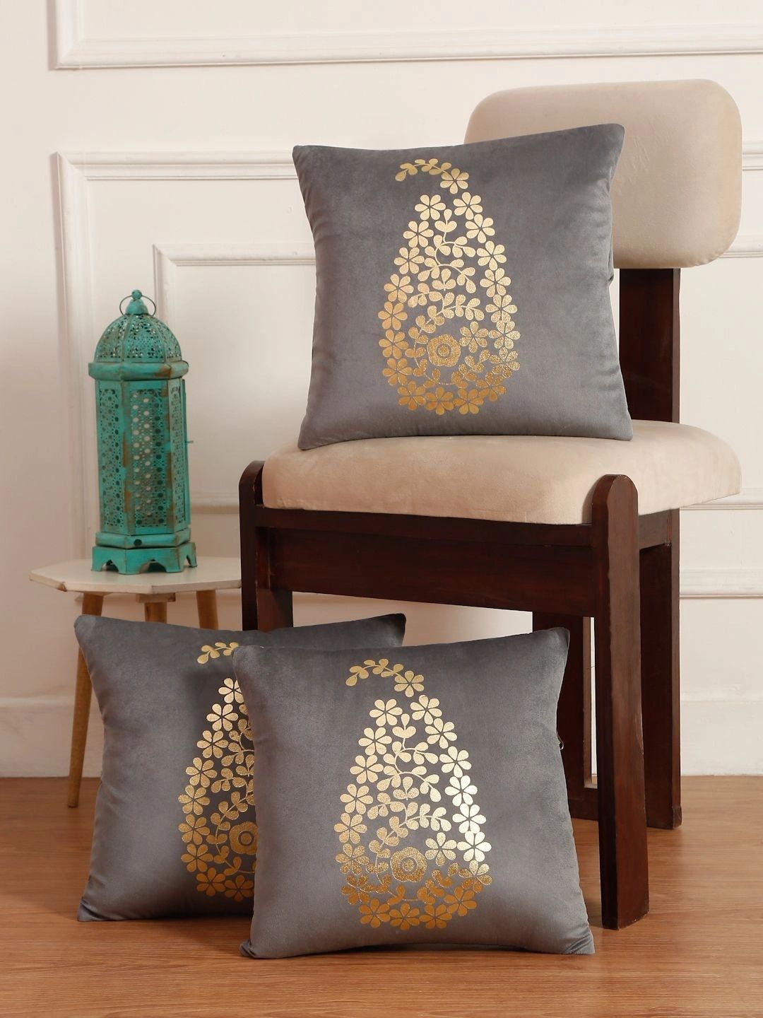 Myntra Elegant Homes Grey Set of 3 Floral Velvet Square Cushion Covers-picture-53