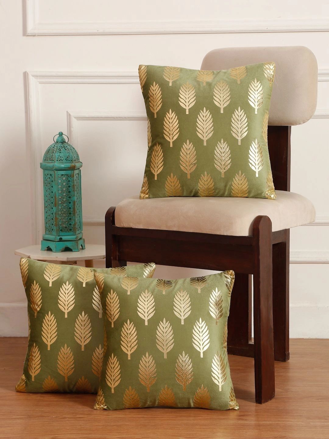 Myntra Elegant Homes Olive Green Set of 3 Velvet Square Cushion Covers-image-37
