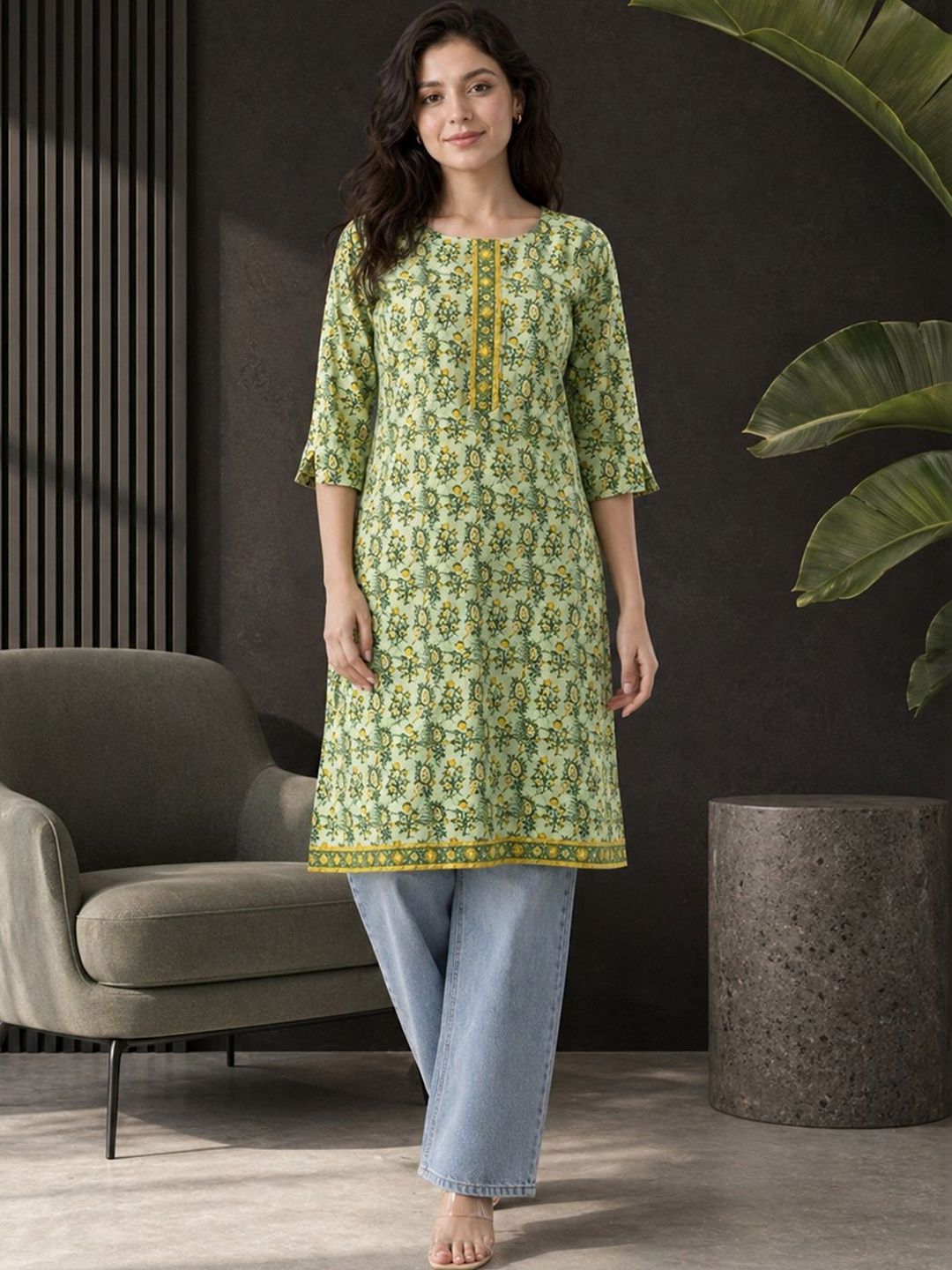 Anouk Women Green Printed Straight Polyester Knee Length Kurta with Round Neck-picture-29
