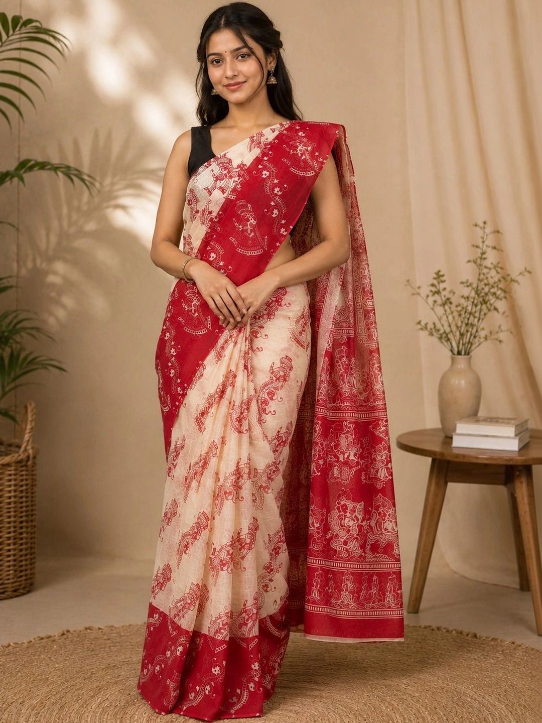 Vaasuri Women Beige Madhubani Printed Pure Cotton Malmal Saree-image-2