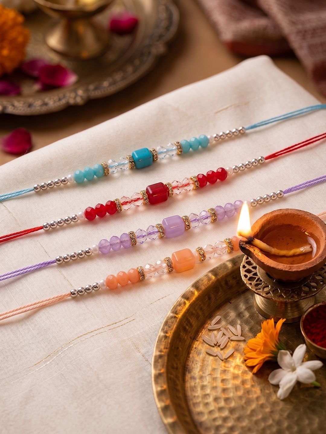 Anouk Set Of 4 Multicolor Artificial Beads Thread Rakhi With Roli Chawal Chandan Mishri-image-19