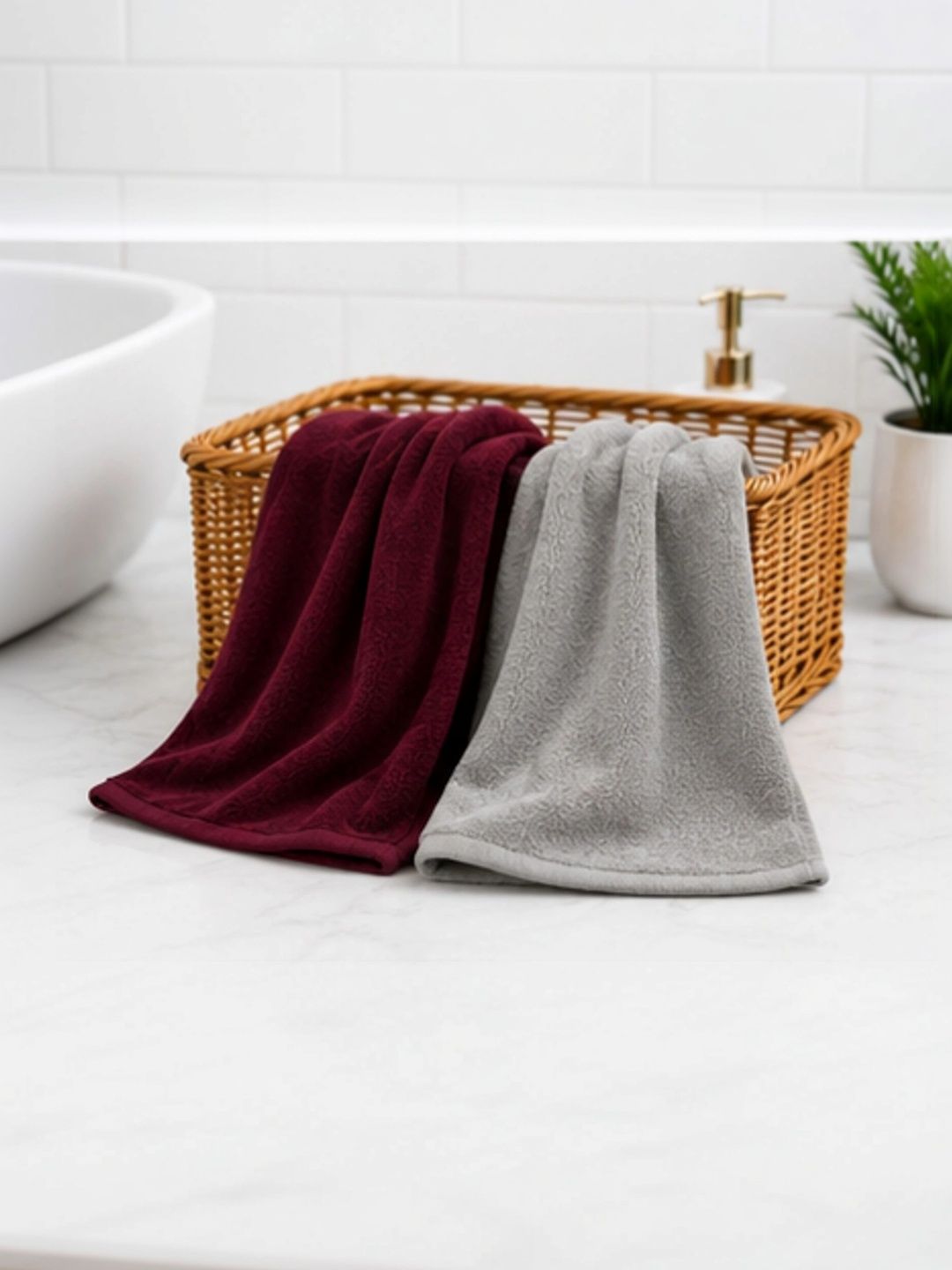 NISRAG HOME Maroon & Grey 2 Piece Other 250 GSM Towel Set-image-38