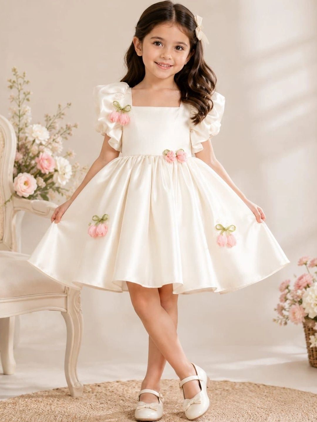 TILISM Girls Puff Sleeve Ruffled Satin A-Line Dress-picture-28