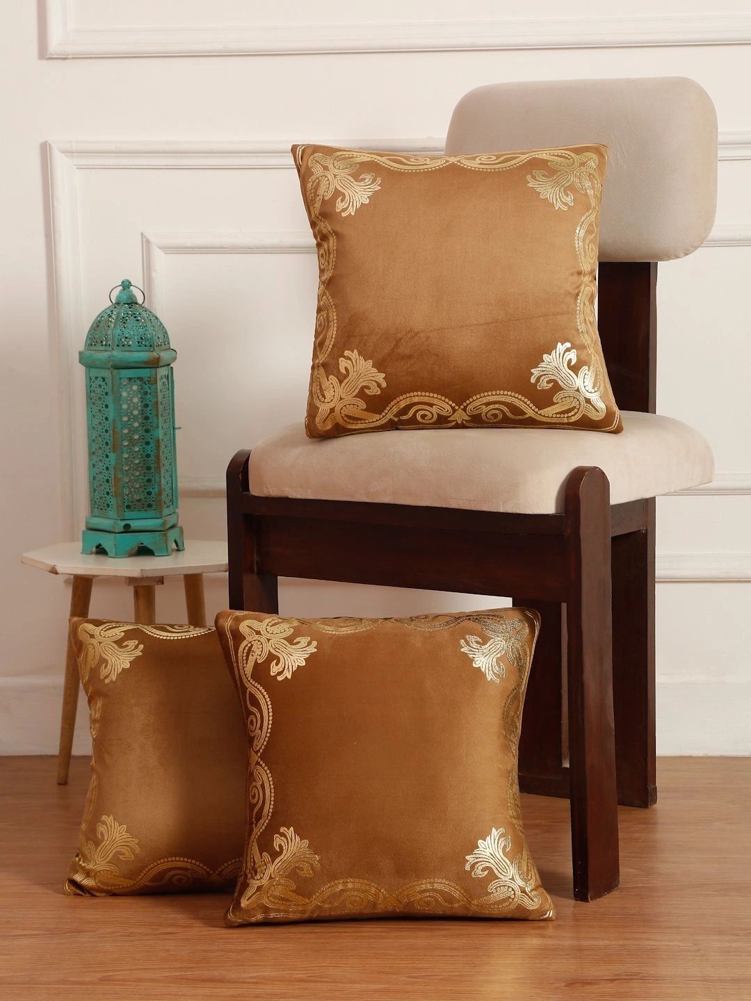 Myntra Elegant Homes Rust Set of 3 Floral Velvet Square Cushion Covers-picture-22