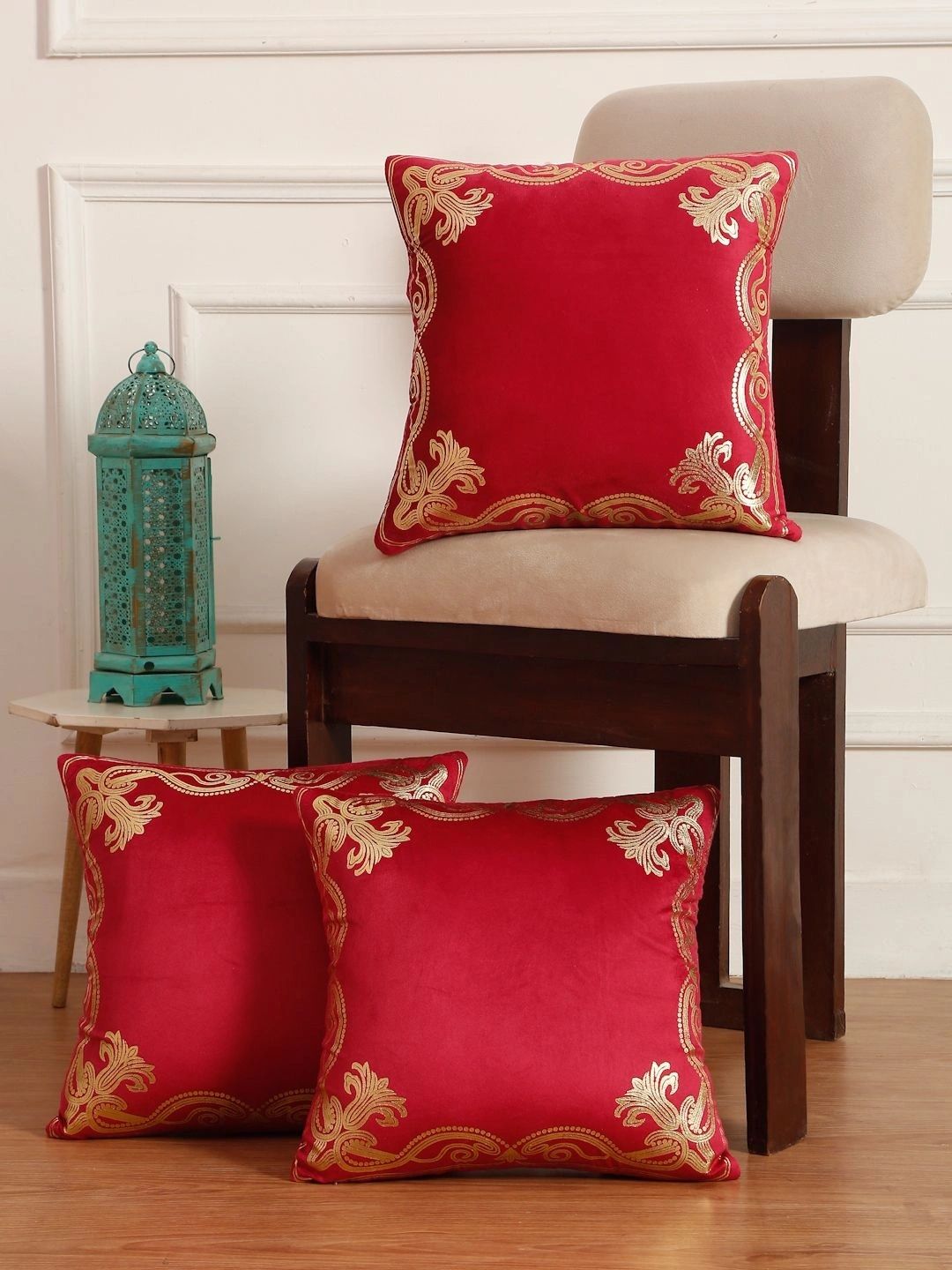 Myntra Elegant Homes Maroon Set of 3 Ethnic Motifs Velvet Square Cushion Covers-picture-35
