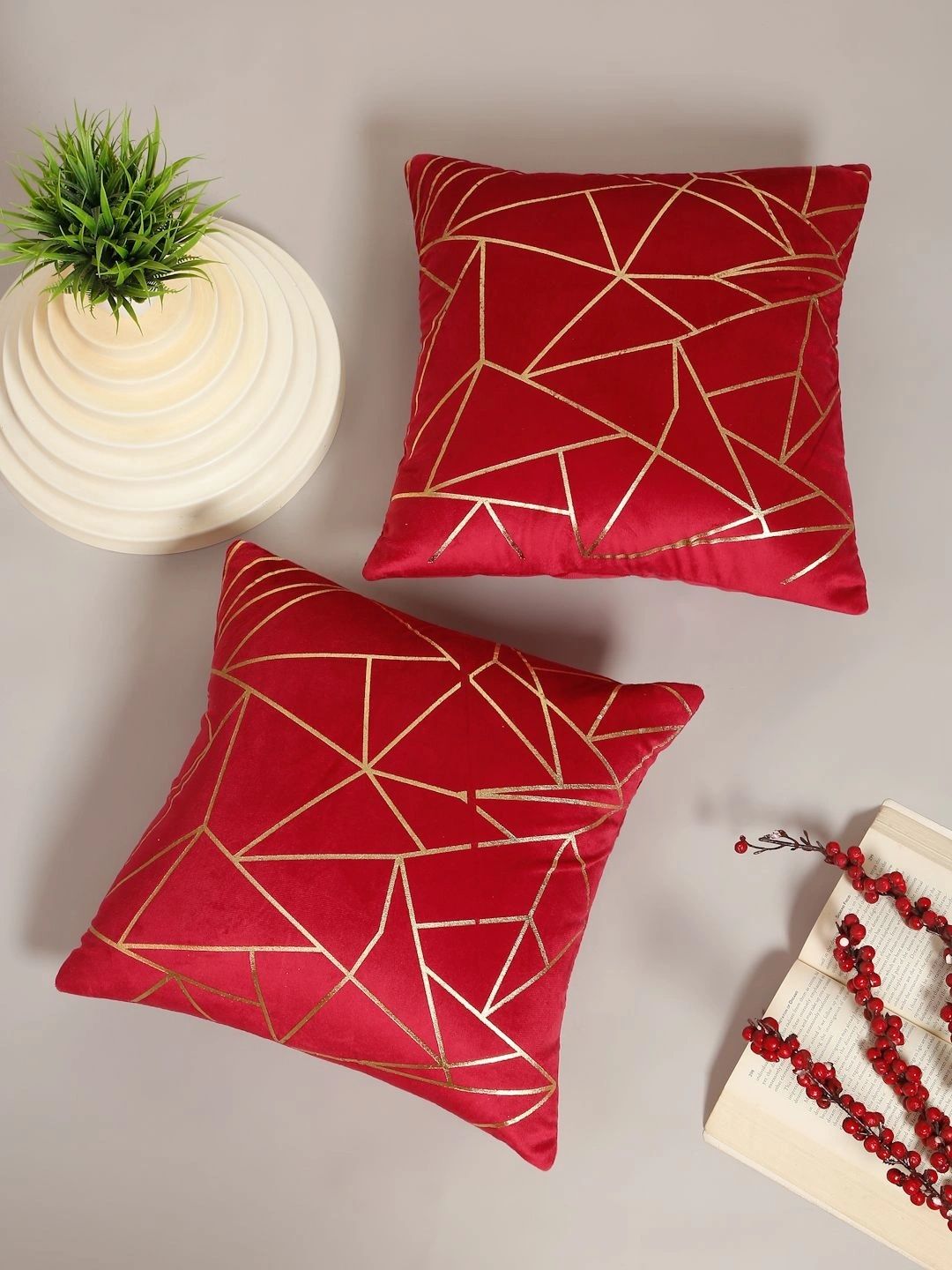 Myntra Elegant Homes Maroon Set of 2 Geometric Velvet Square Cushion Covers-picture-44