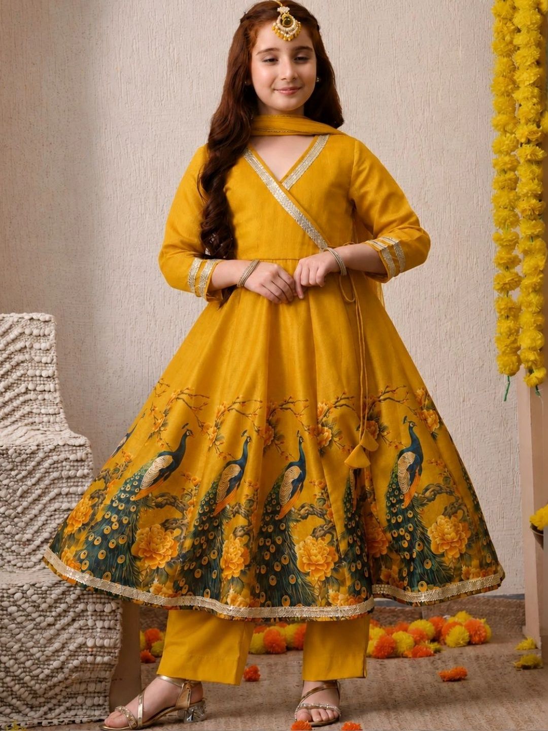 House of Pataudi Girls Ethnic Motifs Printed Angrakha Sequinned Kurta with Trousers & With Dupatta-picture-32