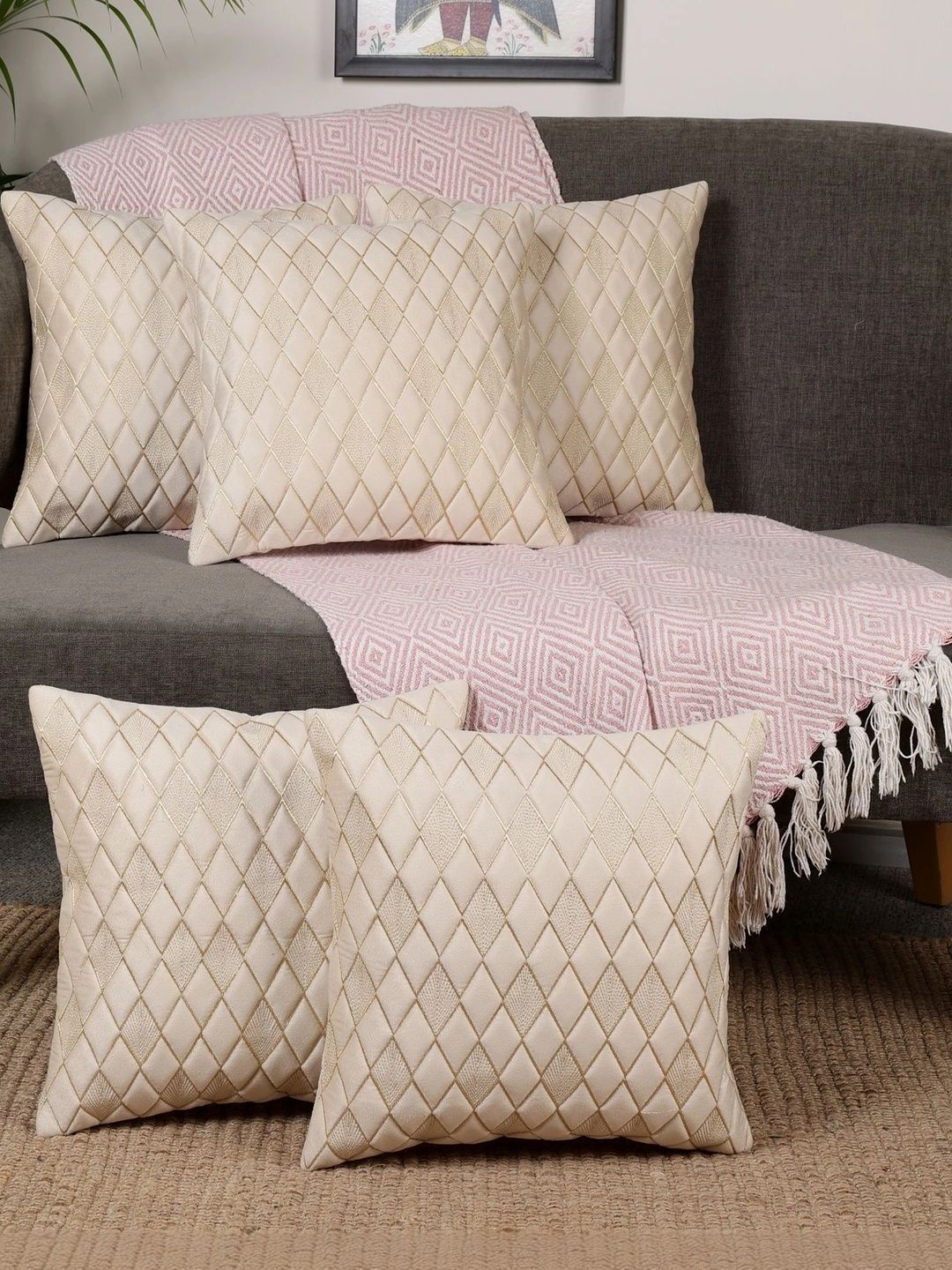 MONKDECOR Cream-Coloured Set of 5 Geometric Velvet Square Cushion Covers-picture-19
