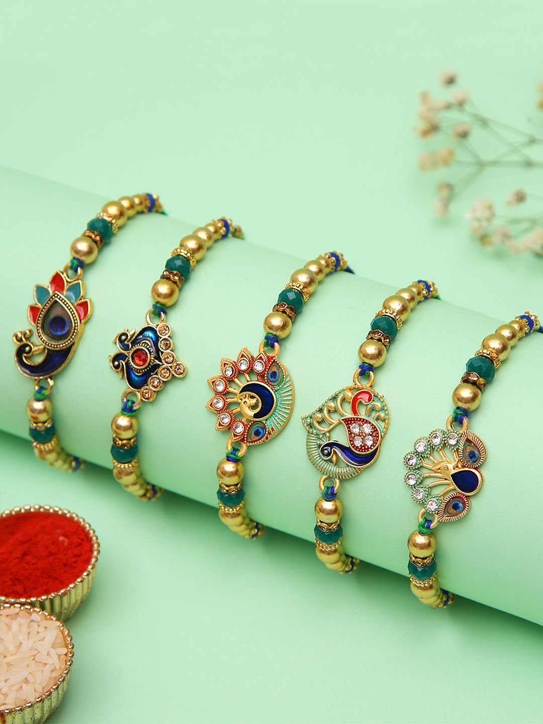 Anouk Set Of 5 Designer Stones-Studded & Beaded Rakhi Greeting Card & Roli Chawal-image-37