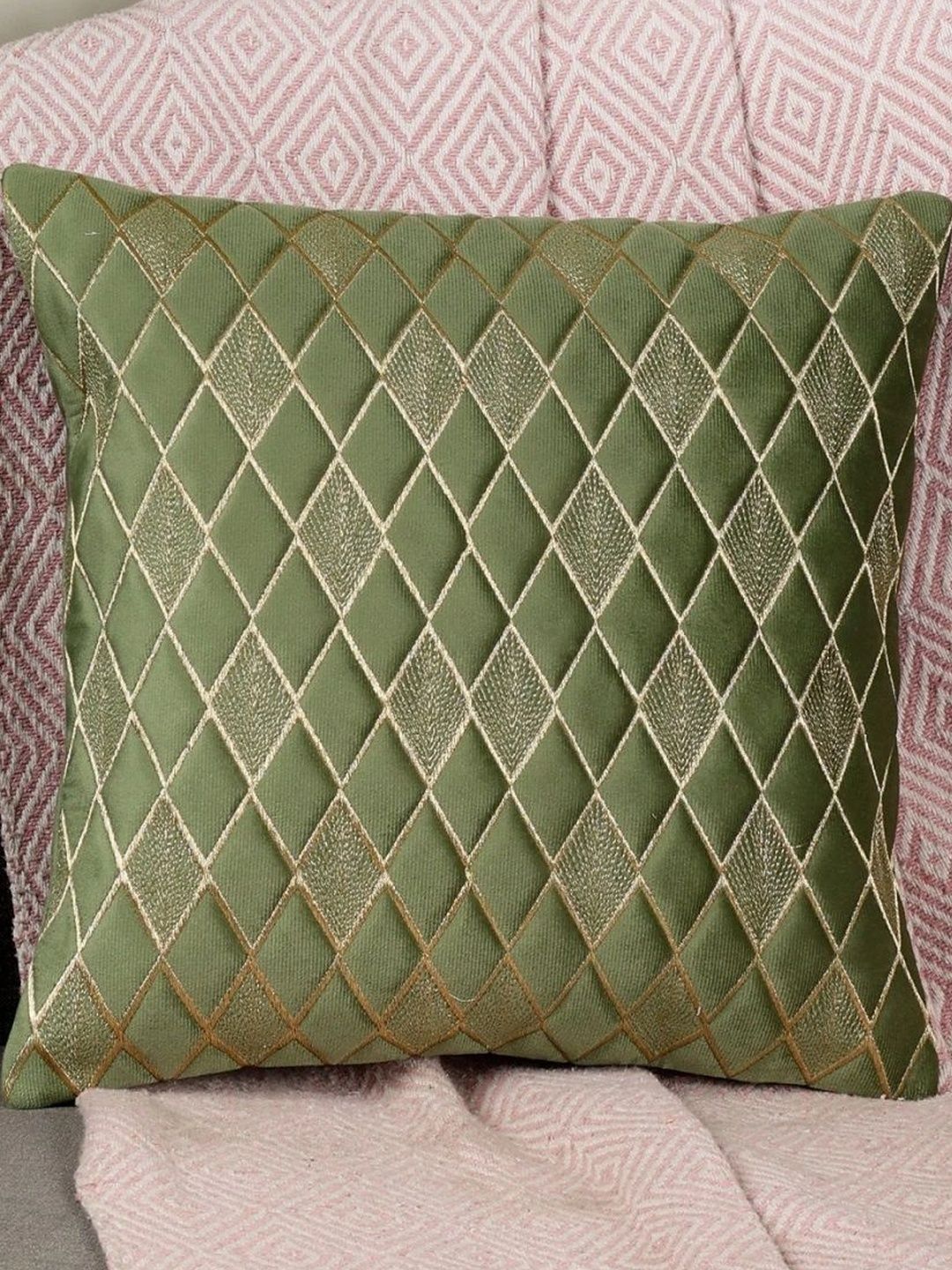 TANLOOMS Green Geometric Velvet Square Cushion Covers-image-25