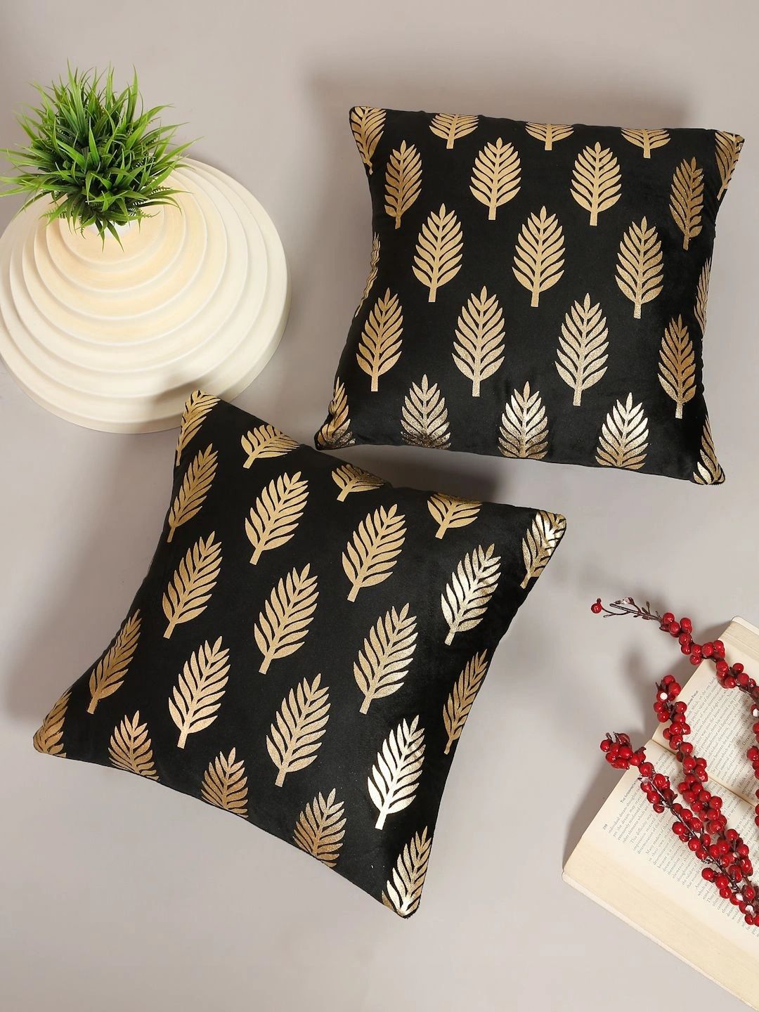 Myntra Elegant Homes Black Set of 2 Velvet Square Cushion Covers-picture-44
