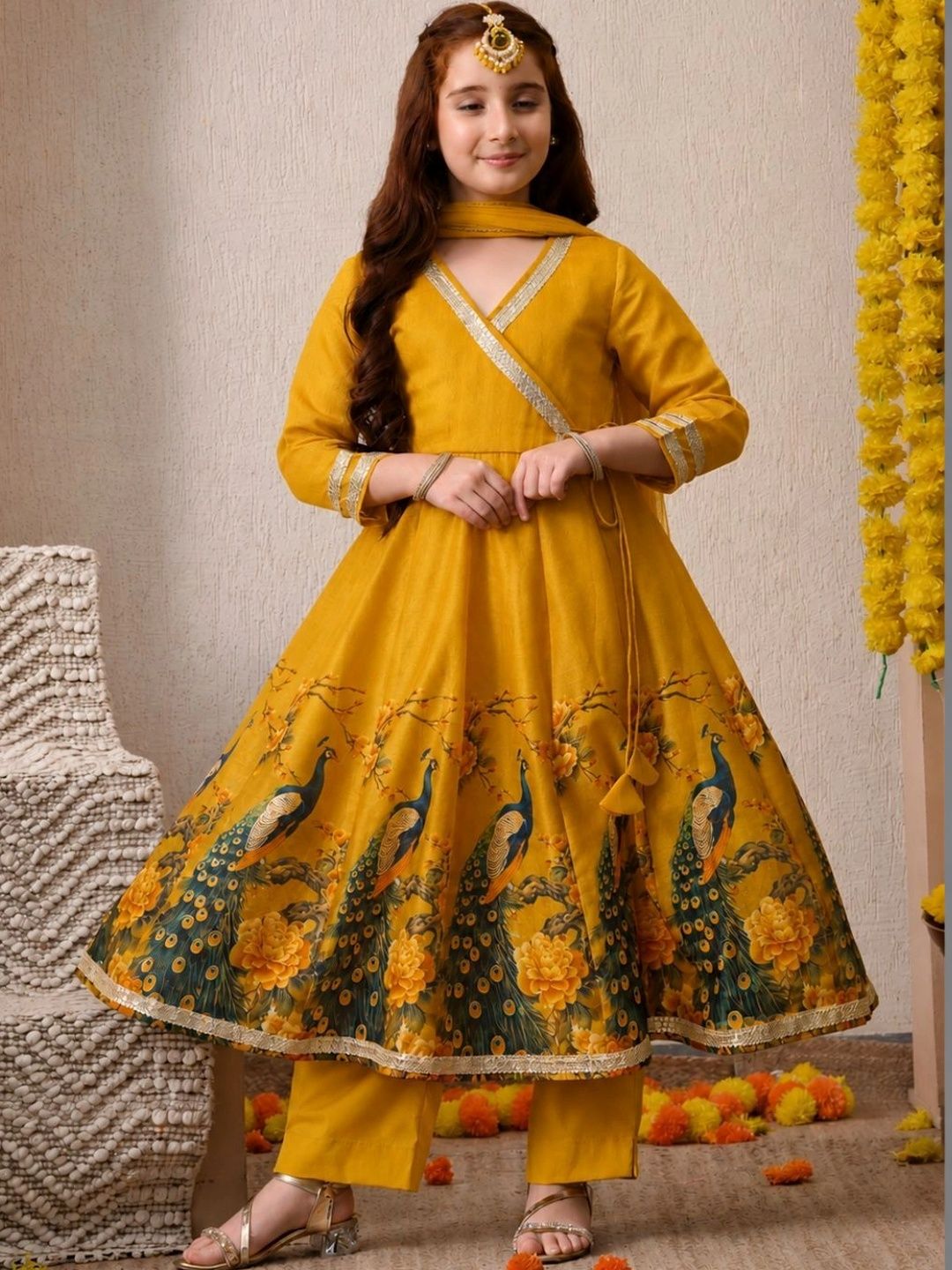 House of Pataudi Girls Ethnic Motifs Printed Angrakha Gotta Patti Kurta with Trousers & With Dupatta-picture-17