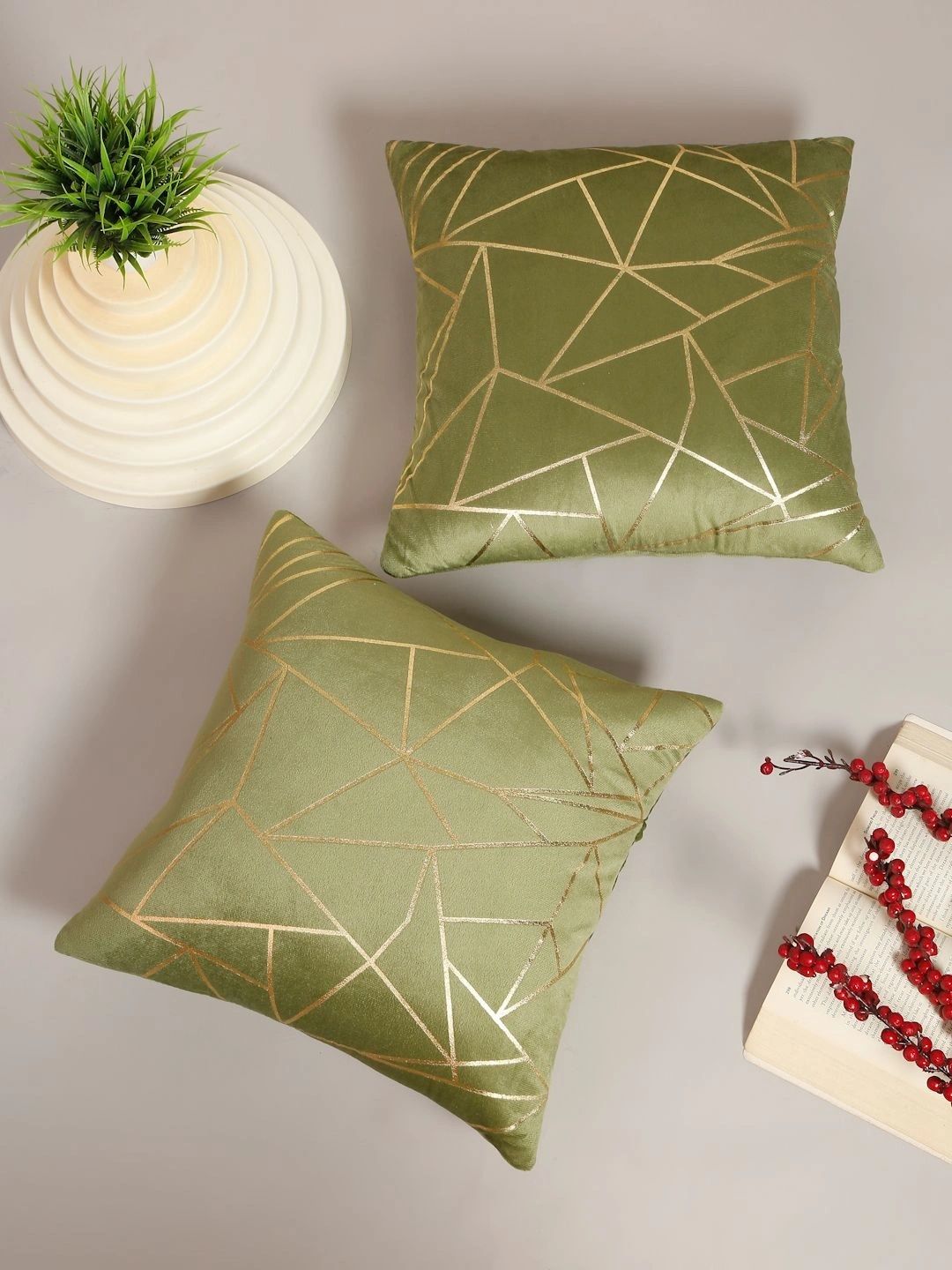 Myntra Elegant Homes Olive Green Set of 2 Geometric Velvet Square Cushion Covers-picture-52