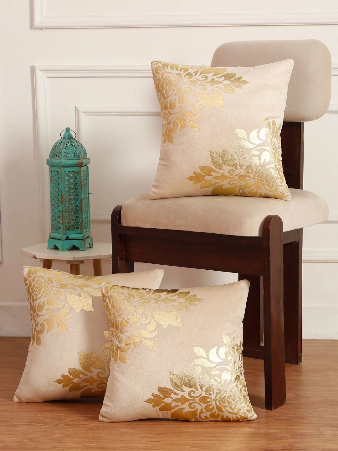 Myntra Elegant Homes Cream-Coloured Set of 3 Floral Velvet Square Cushion Covers-picture-28