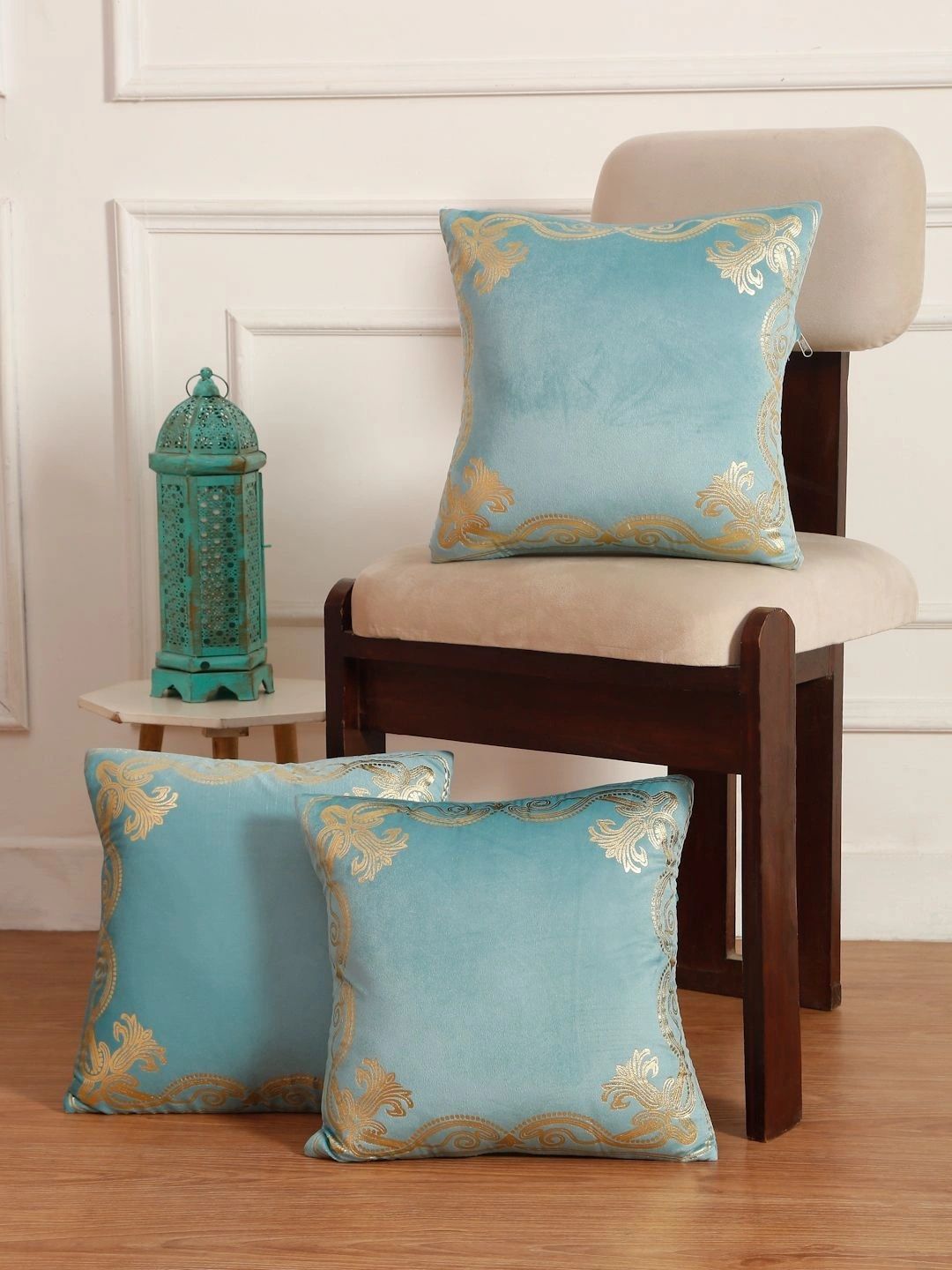 Myntra Elegant Homes Turquoise Blue Set of 3 Embroidered Velvet Square Cushion Covers-image-17