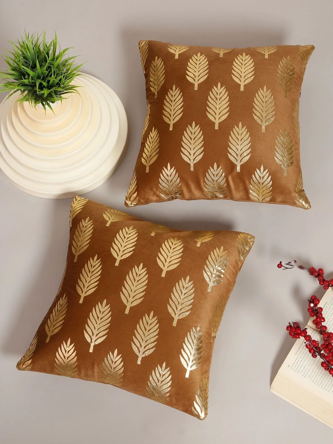 Myntra Elegant Homes Rust Set of 2 Velvet Square Cushion Covers-picture-24