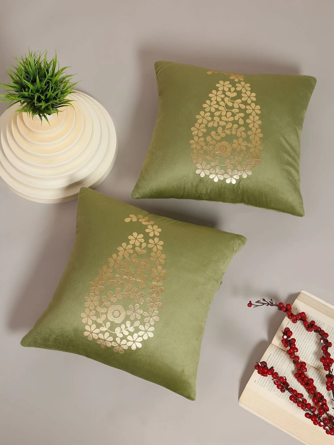 Myntra Elegant Homes Olive Green Set of 2 Floral Velvet Square Cushion Covers-image-40