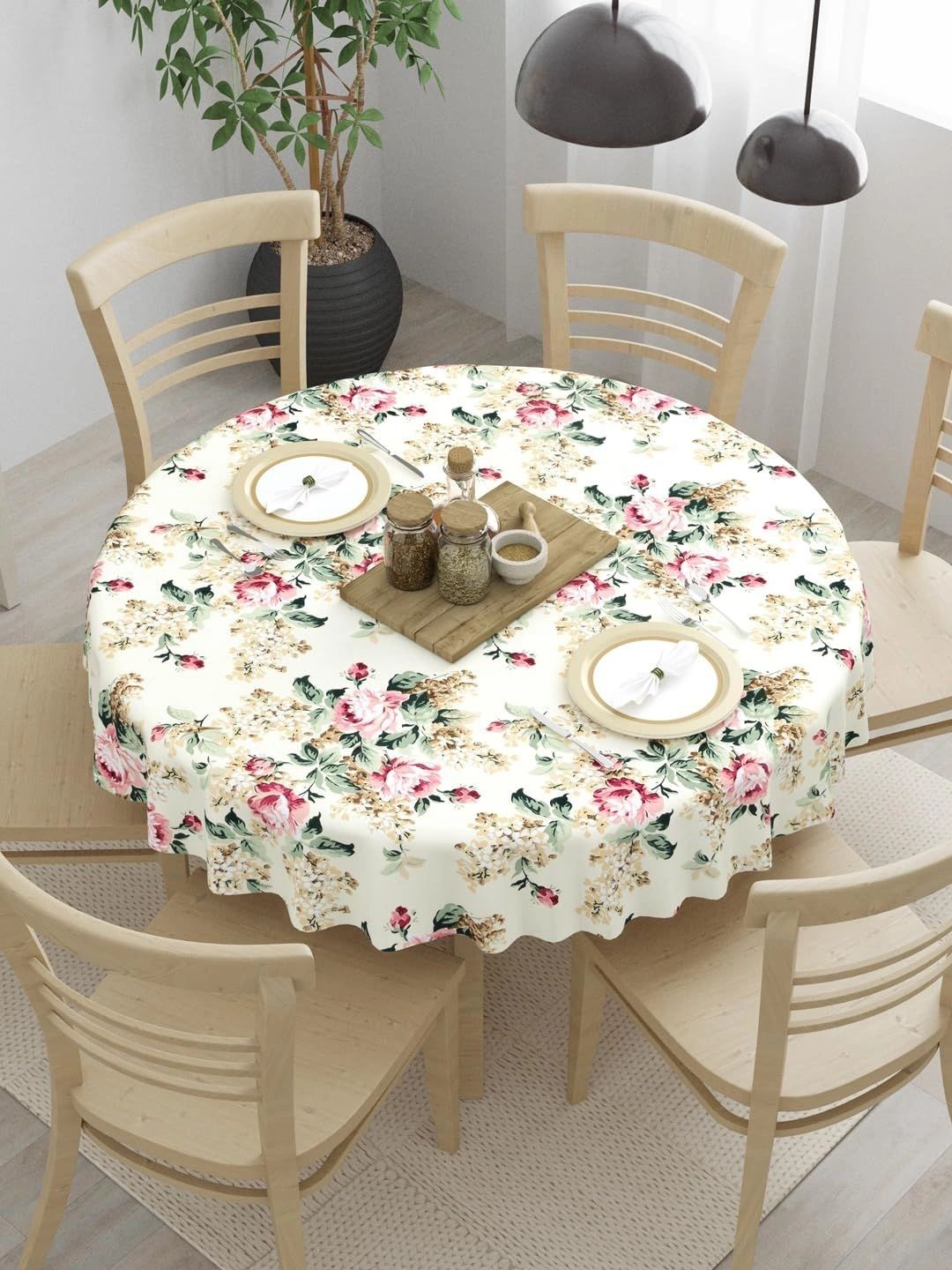 The Home Story Off White Floral Cotton Round 4-Seater Table Cover-picture-26
