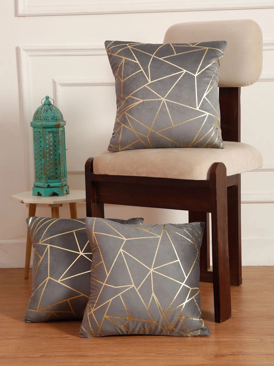 Myntra Elegant Homes Grey Set of 3 Geometric Velvet Square Cushion Covers-picture-51