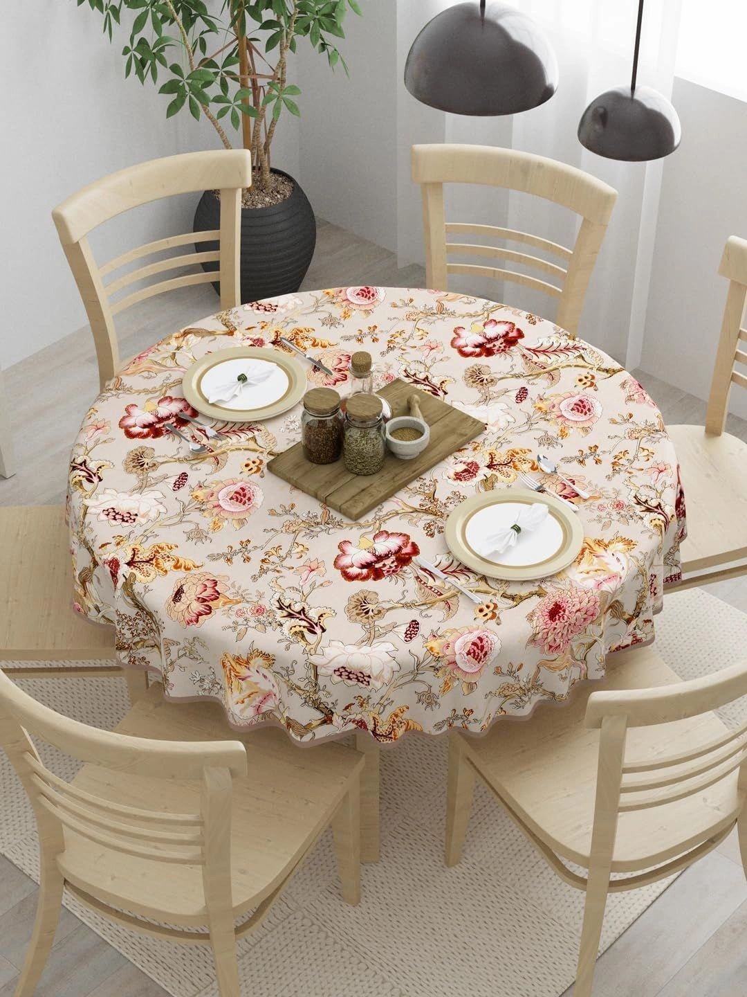 Clasiko Beige Floral Cotton Round 4-Seater Table Cover-picture-30