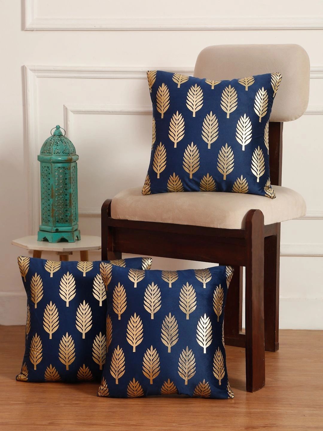 Myntra Elegant Homes Blue Set of 3 Velvet Square Cushion Covers-picture-49